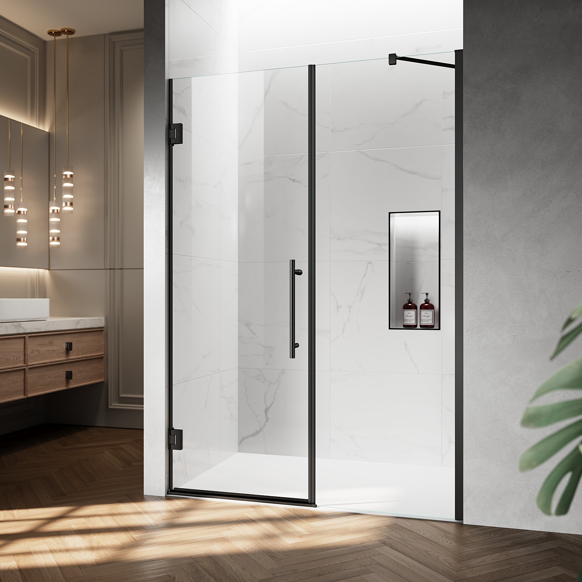 52" / 60" W x 72" / 74" H Frameless Hinged Shower Door with 5/16" (8 mm) Clear Tempered Glass and 180° Pivoting #Color_Matte Black
