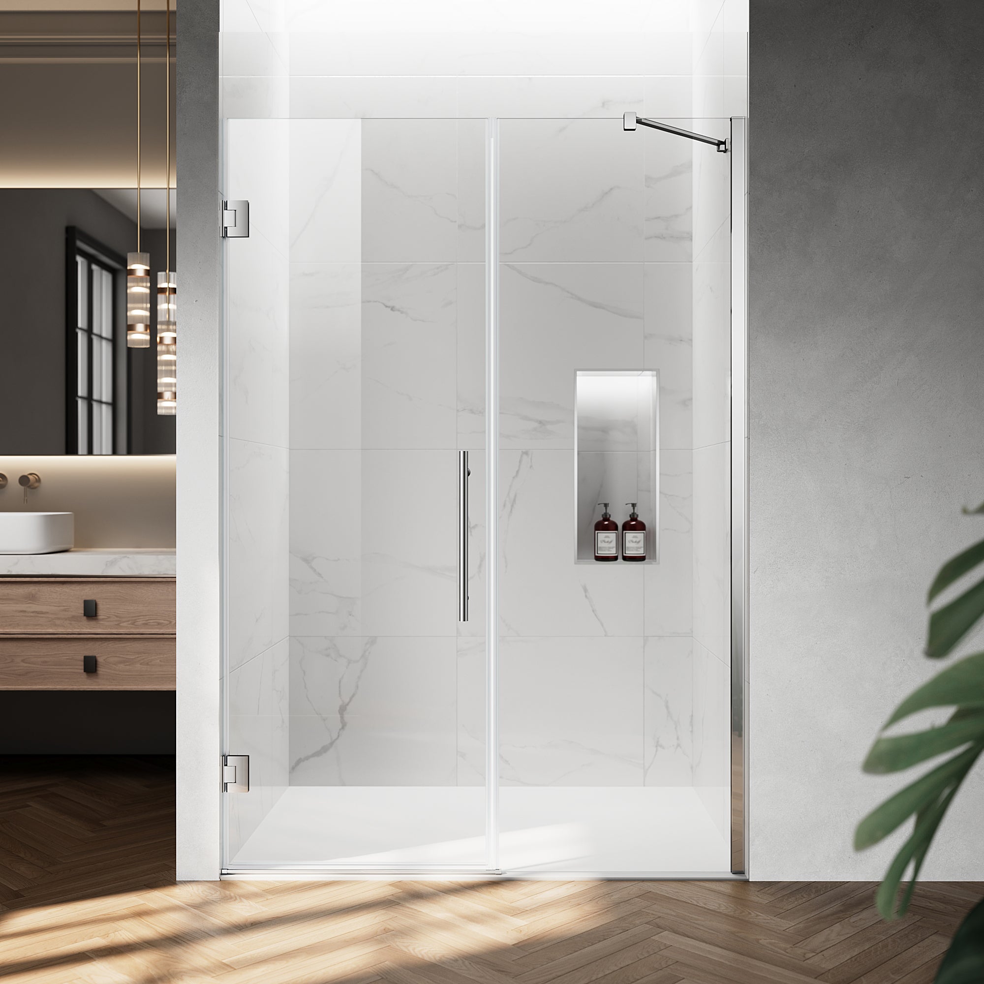 52" / 60" W x 72" / 74" H Frameless Hinged Shower Door with 5/16" (8 mm) Clear Tempered Glass and 180° Pivoting #Color_Chrome