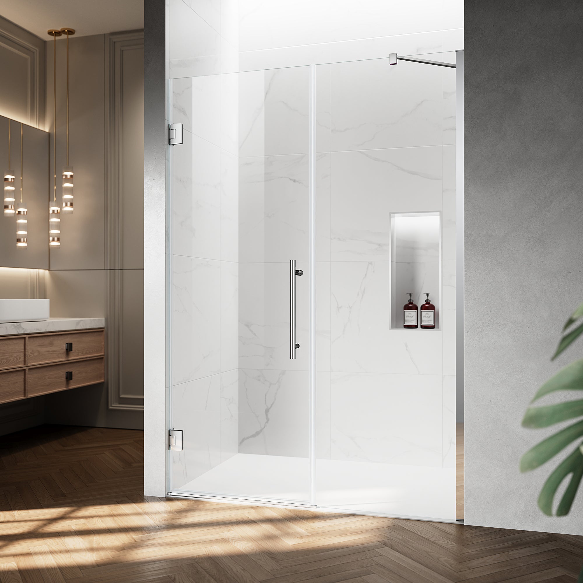 52" / 60" W x 72" / 74" H Frameless Hinged Shower Door with 5/16" (8 mm) Clear Tempered Glass and 180° Pivoting #Color_Chrome