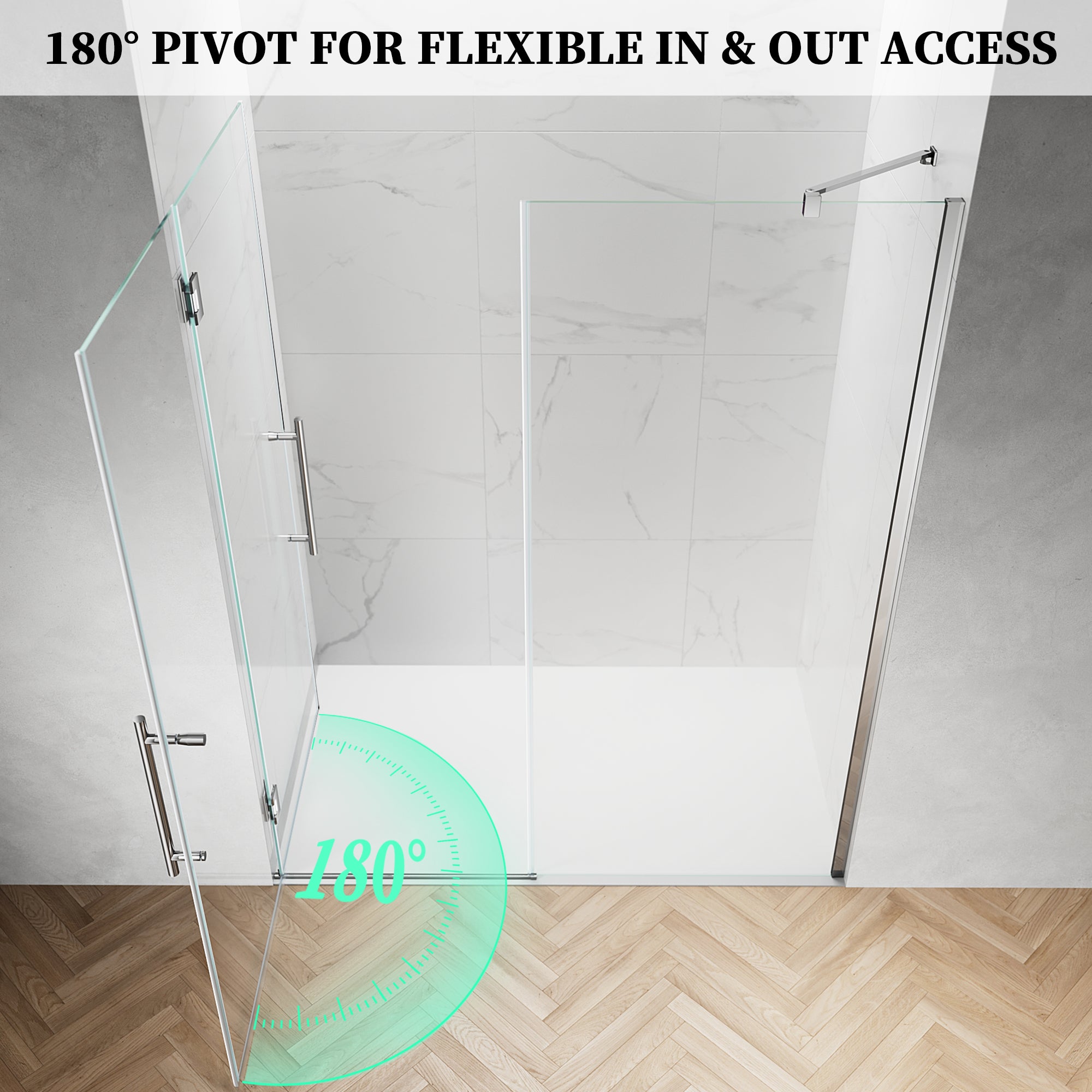 52" / 60" W x 72" / 74" H Frameless Hinged Shower Door with 5/16" (8 mm) Clear Tempered Glass and 180° Pivoting #Color_Chrome