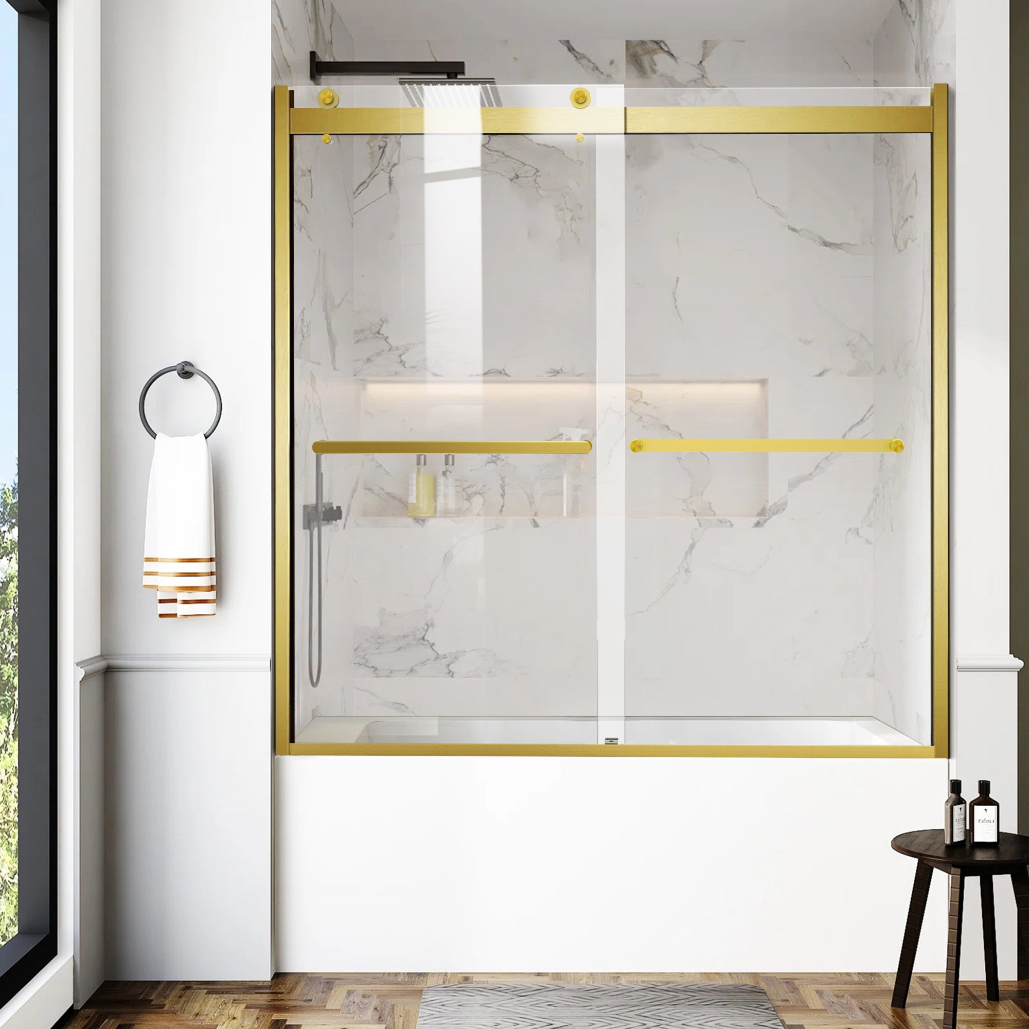 AquivaCoast Roller D2 in brushed gold double sliding bathtub doors with 8mm clear glass and 4" width flexibility