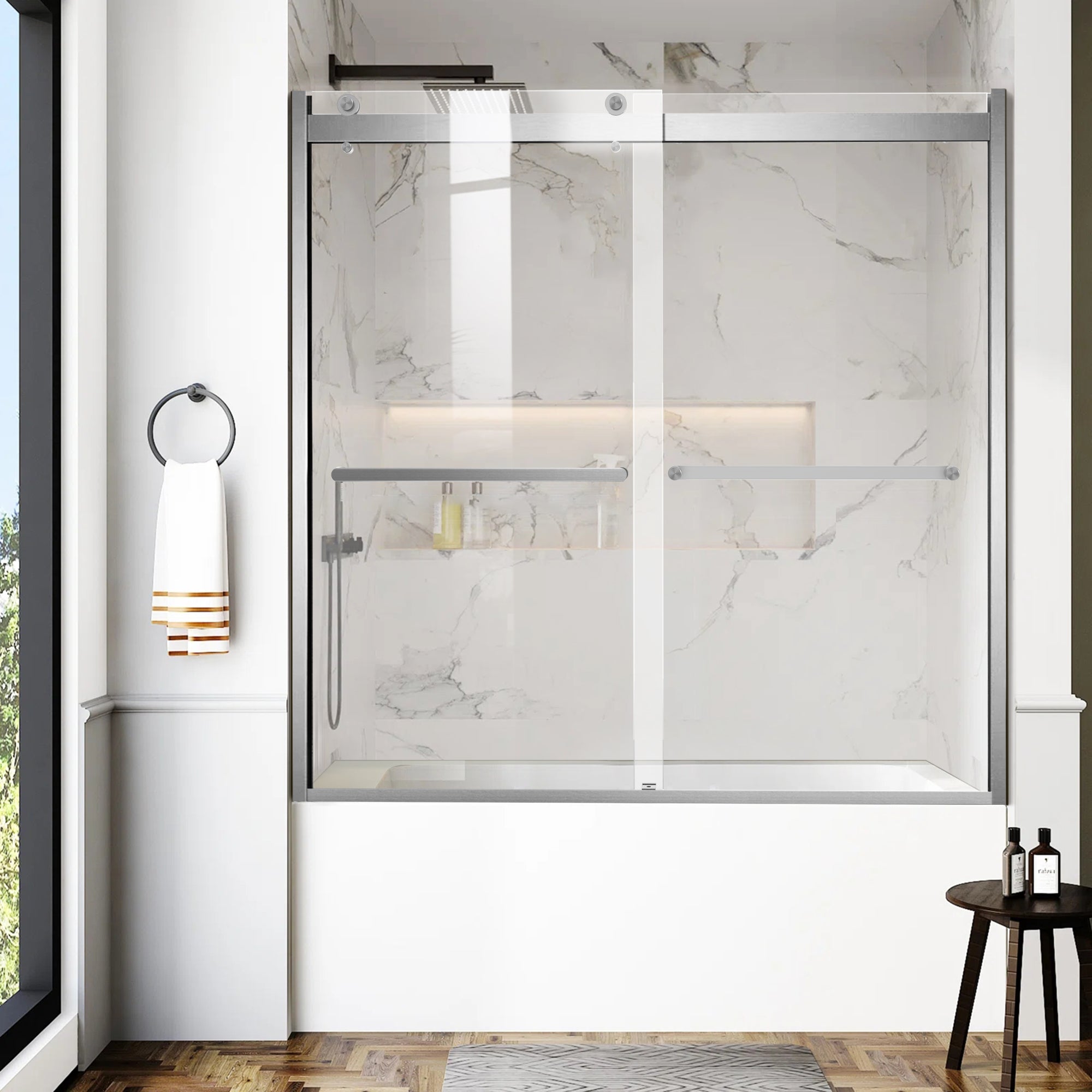 Bathtub door roller for 56"-60" W x 62" H semi-frameless sliding door with towel handle and reversible installation, Brushed Nickel