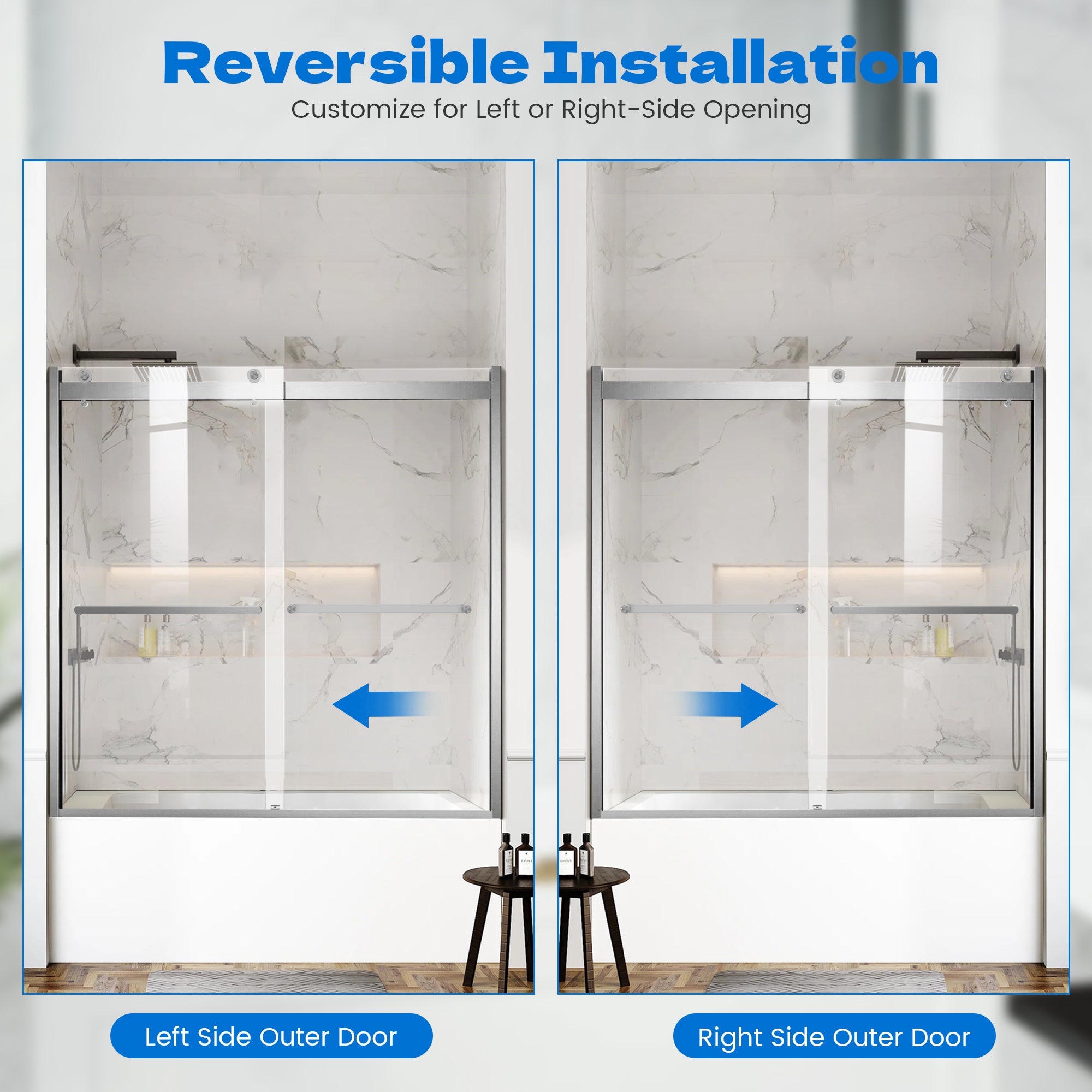 56" - 60" W x 62" H Semi - Frameless Double Sliding Bathtub Door with 5/16" (8 mm) Clear Glass and Stainless Steel Handle, Brushed Nickel - Bathtub Door - AquivaCoast Showers - Bathtub Door - Sliding - 