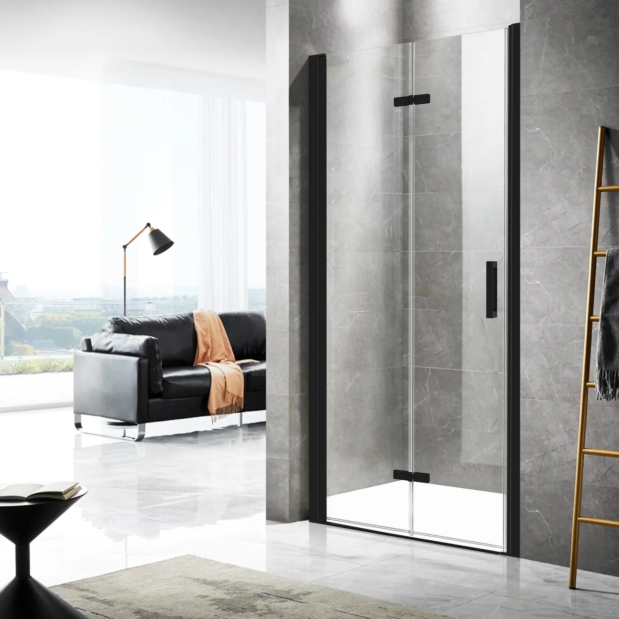 AquivaCoast Urban B19 Bi-Fold Frameless Pivot Swing Shower Door Enclosure with 6mm Clear Glass Panel, Matte Black Finish