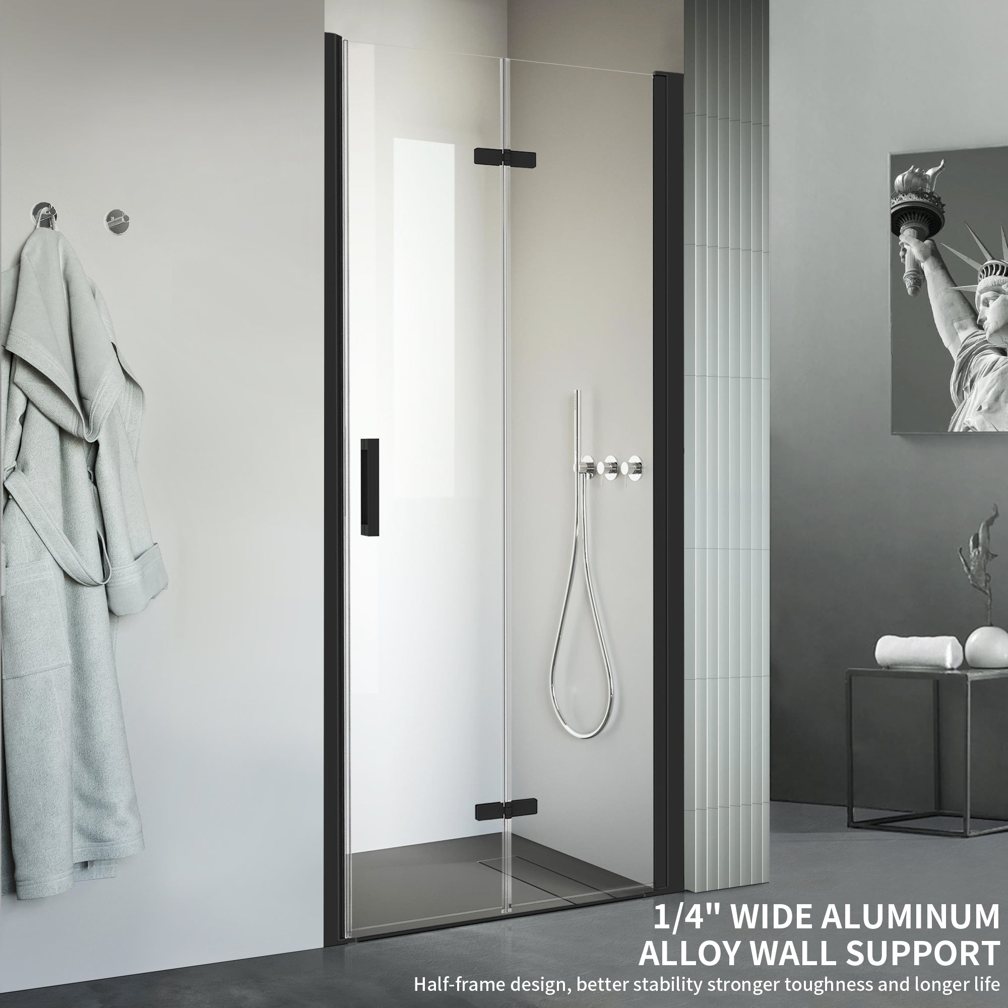 32"-36" x 72" Semi-Frameless Bi-Fold Pivot Shower Door with 1/4" (6mm) Clear Tempered Glass, Matte Black