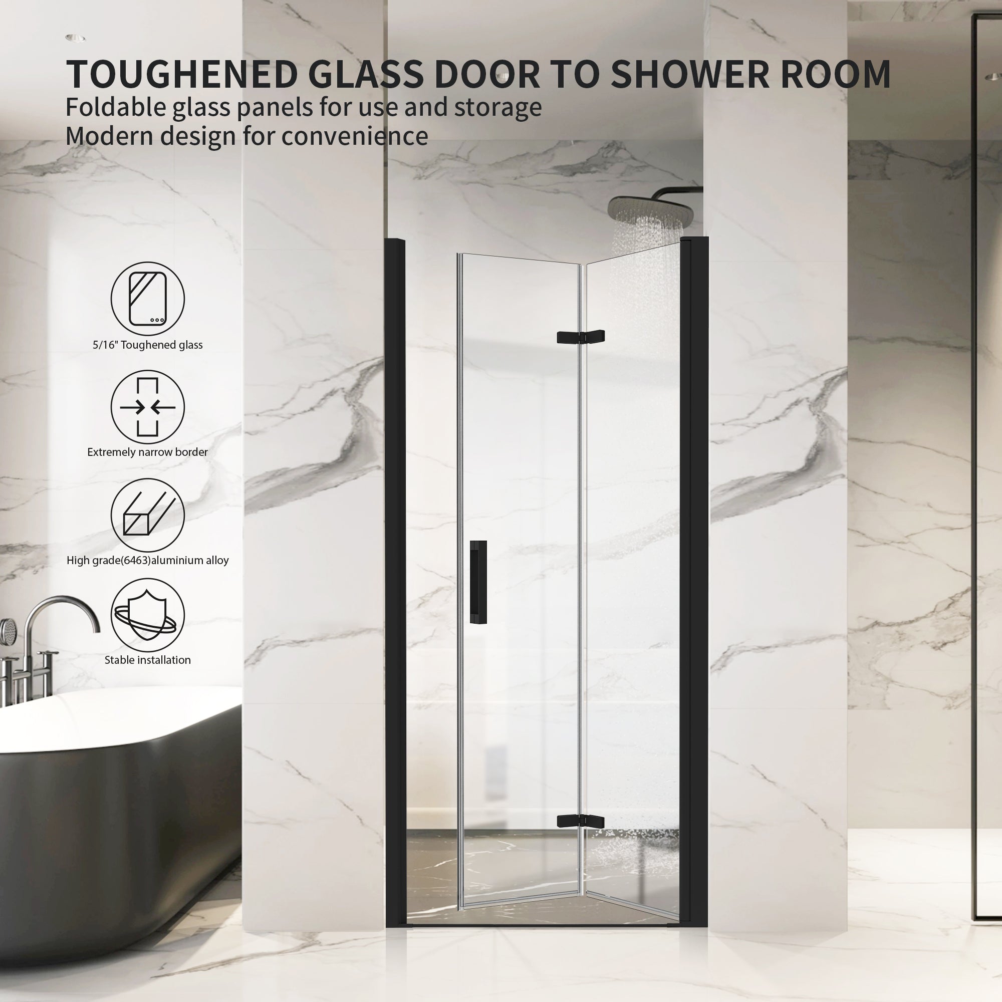 32"-36" x 72" Semi-Frameless Bi-Fold Pivot Shower Door with 1/4" (6mm) Clear Tempered Glass, Matte Black