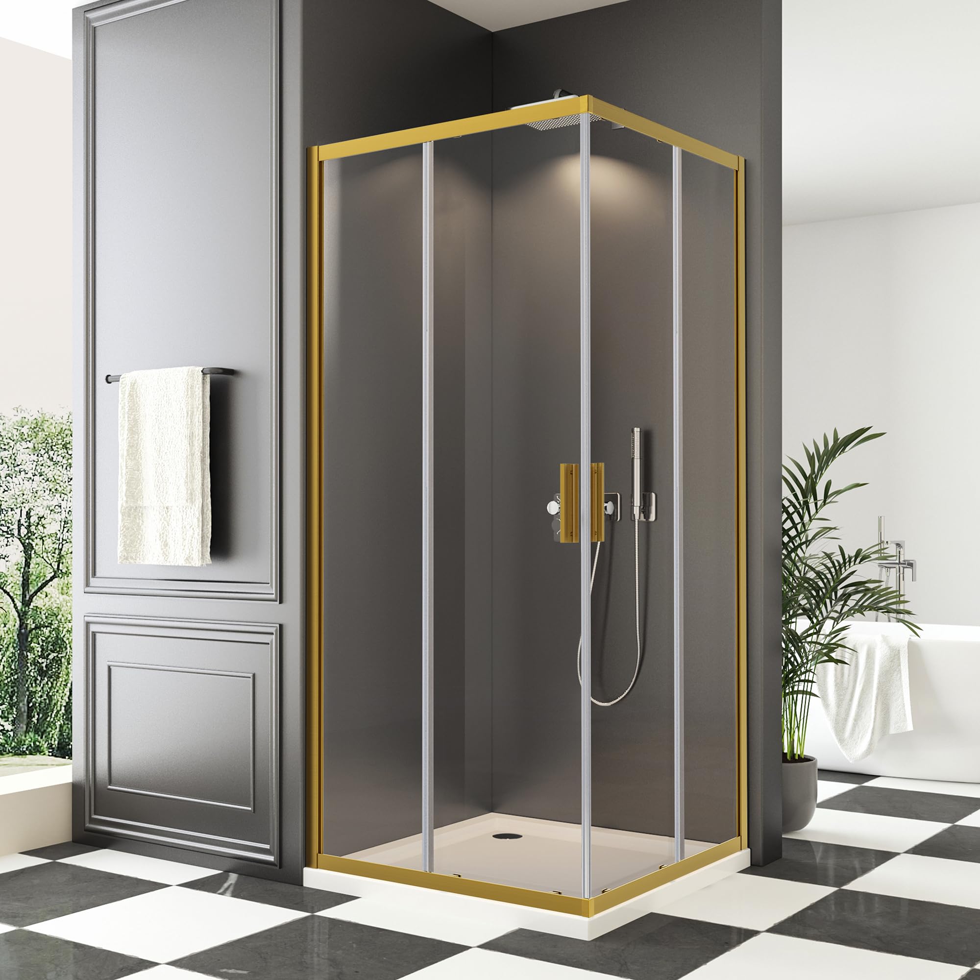34" L x 34" W x 76" H, 36" L x 36" W x 76" H Sliding Corner Shower Enclosure #Color_Brushed Gold