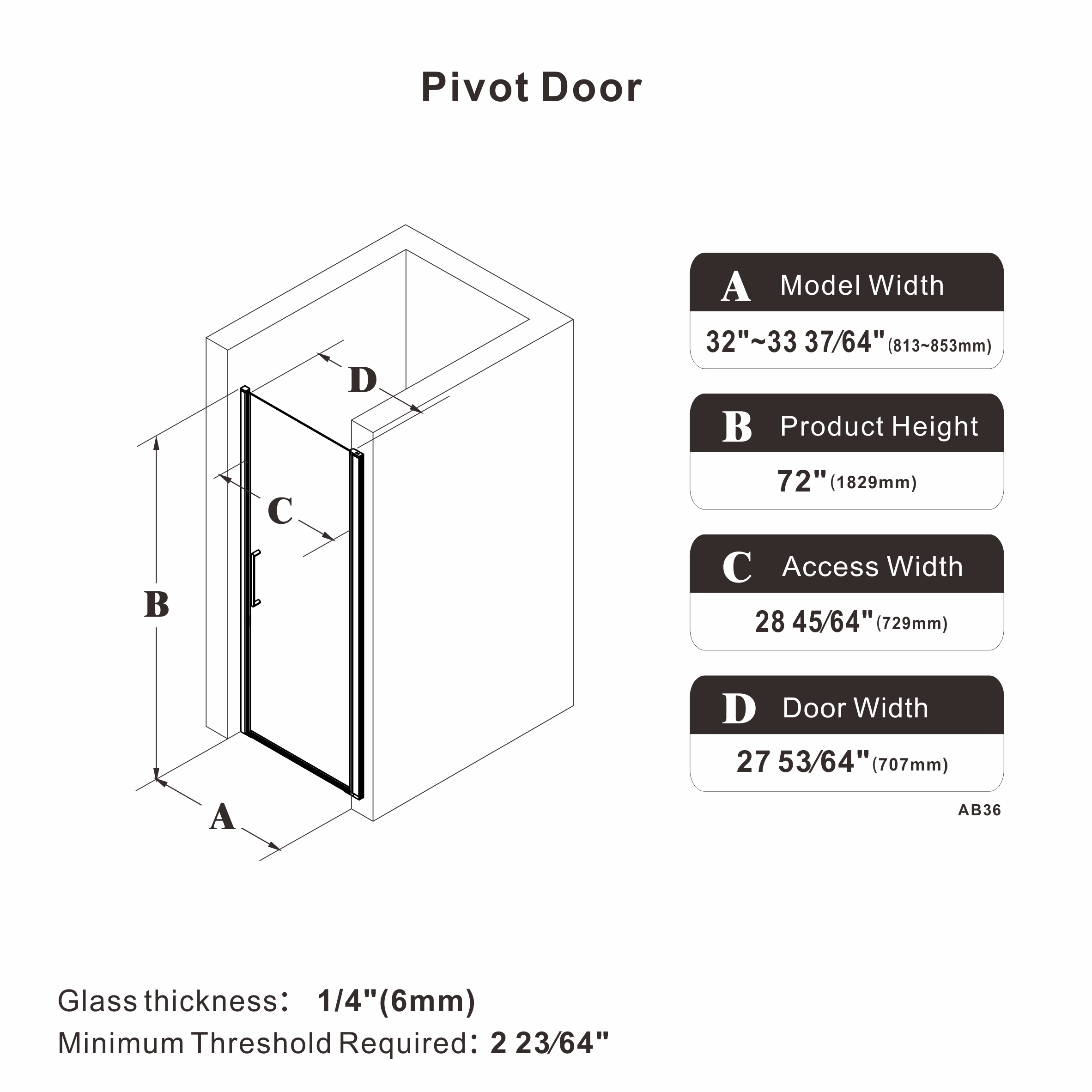 24"/28"/32"/34" x 72" Pivot Shower Door Clear Tempered Glass with Easy-Clean #Size_32" x 72"