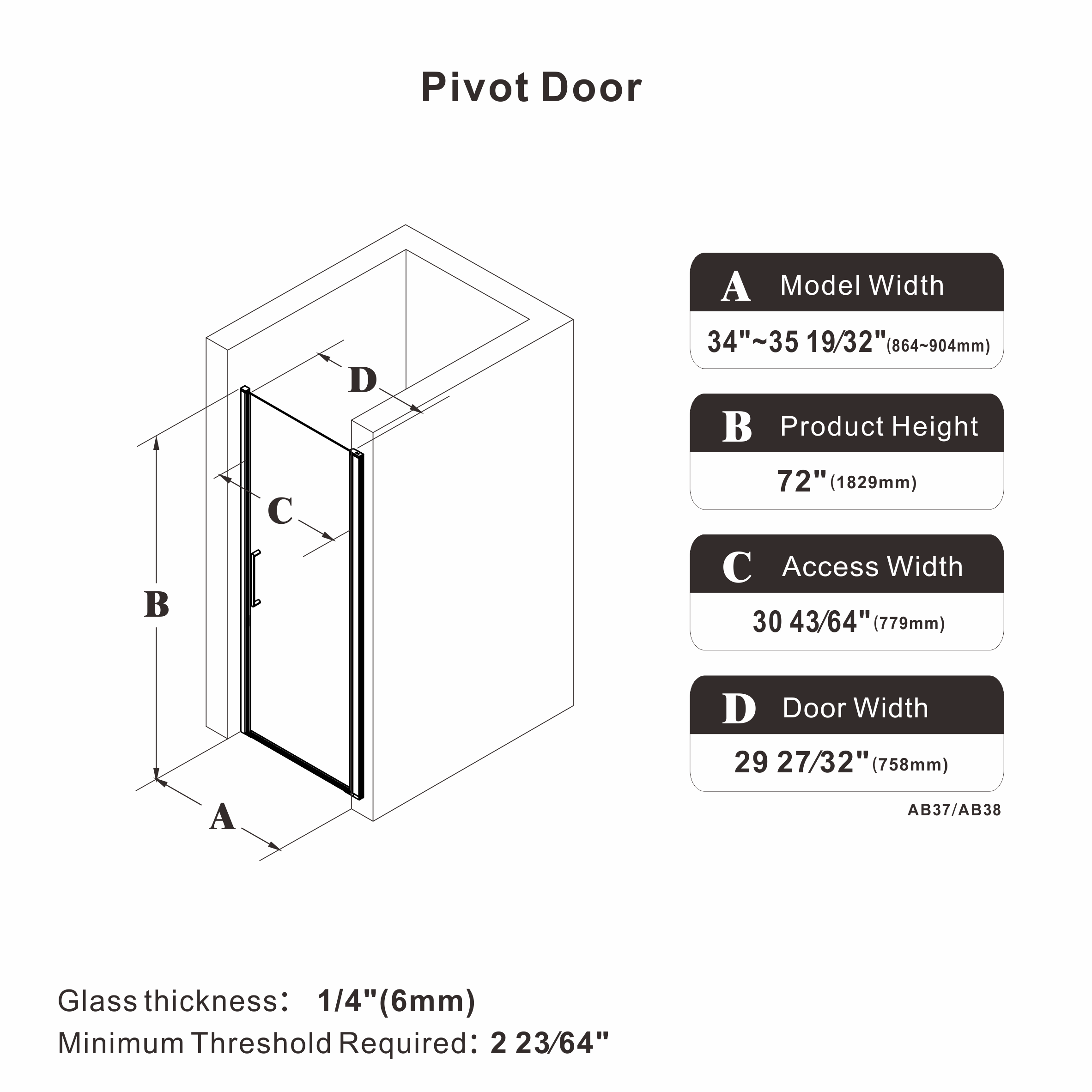 24"/28"/32"/34" x 72" Pivot Shower Door Clear Tempered Glass with Easy-Clean #Size_34" x 72"
