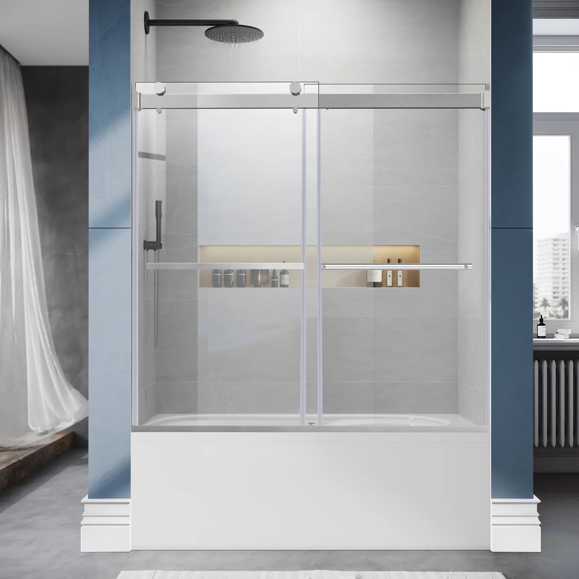 56"-60" x 58" Frameless Double Sliding Tub Door Roller B7 #Color_Chrome
