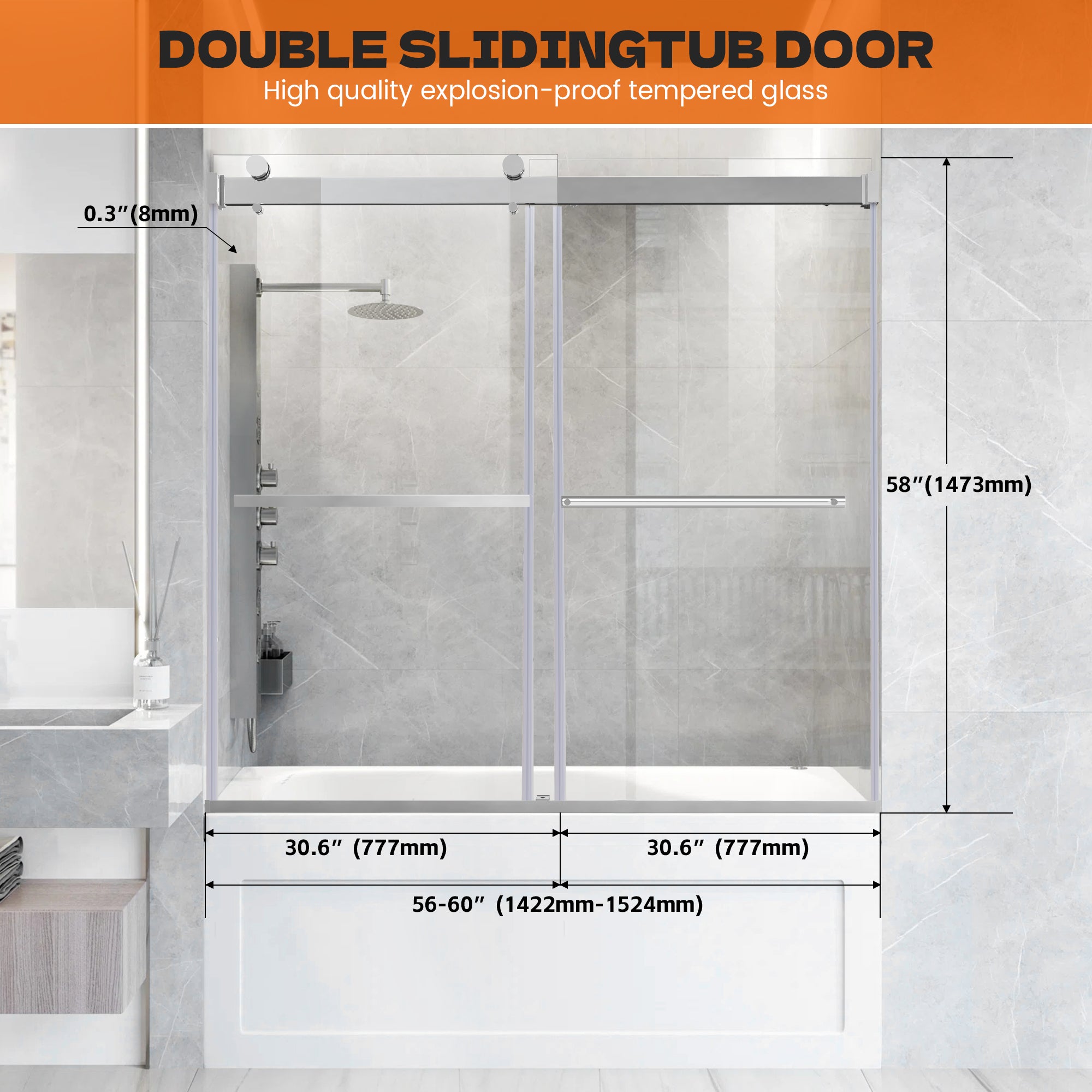 56"-60" x 58" Frameless Double Sliding Tub Door Roller B7 #Color_Chrome