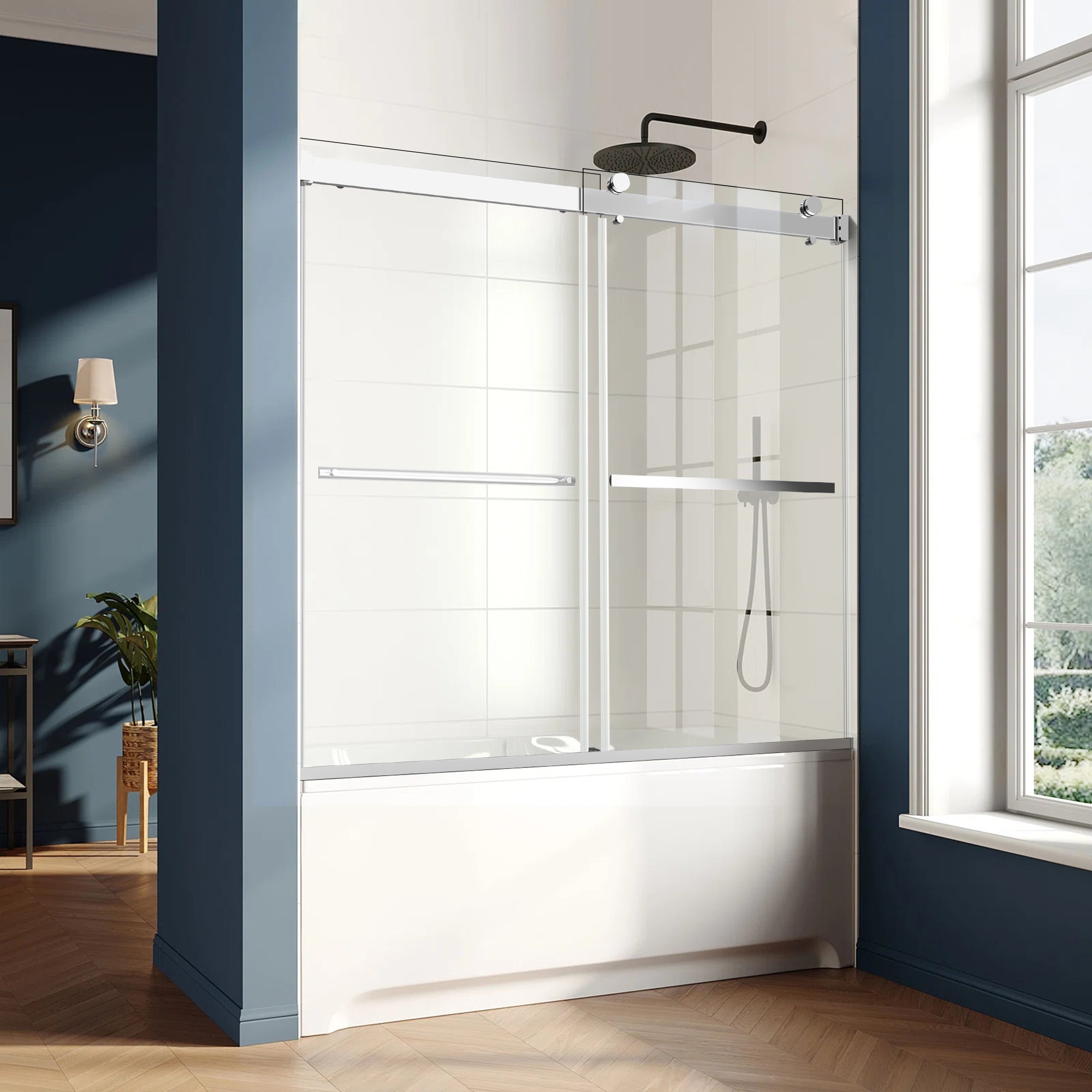 56"-60" x 58" Frameless Double Sliding Tub Door Roller B7 #Color_Chrome