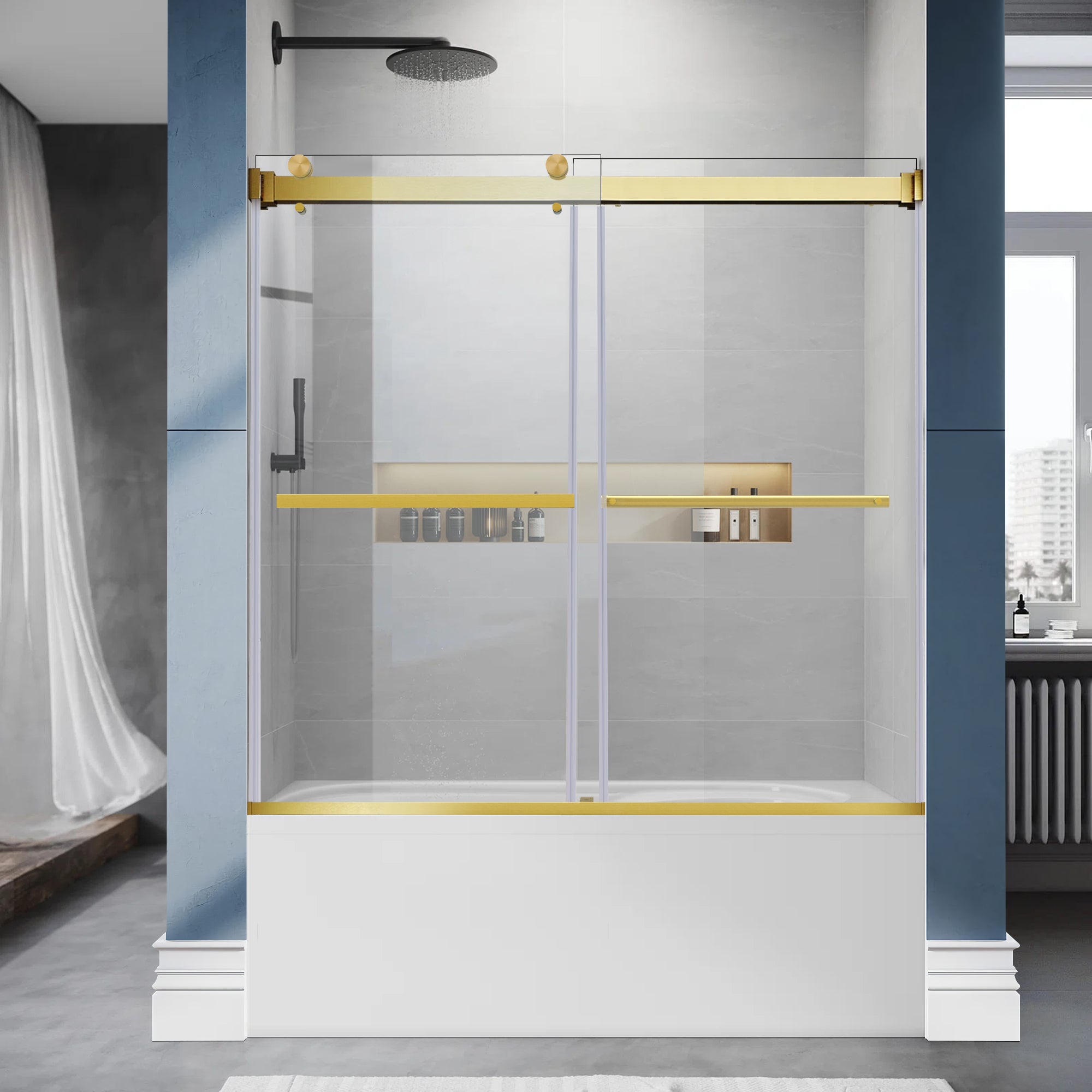 56"-60" x 58" Frameless Double Sliding Tub Door Roller B8 #Color_Brushed Gold