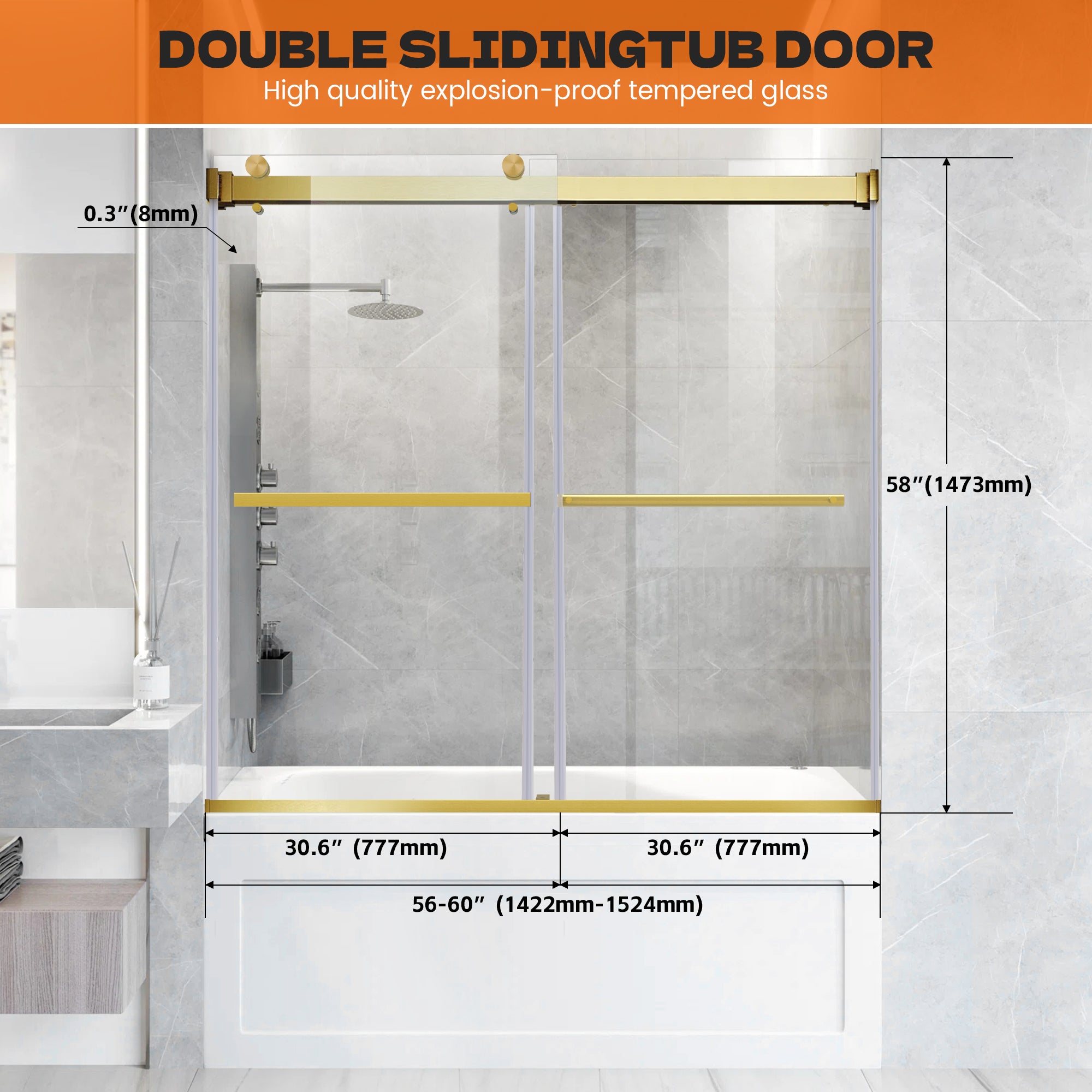 56"-60" x 58" Frameless Double Sliding Tub Door Roller B8 #Color_Brushed Gold