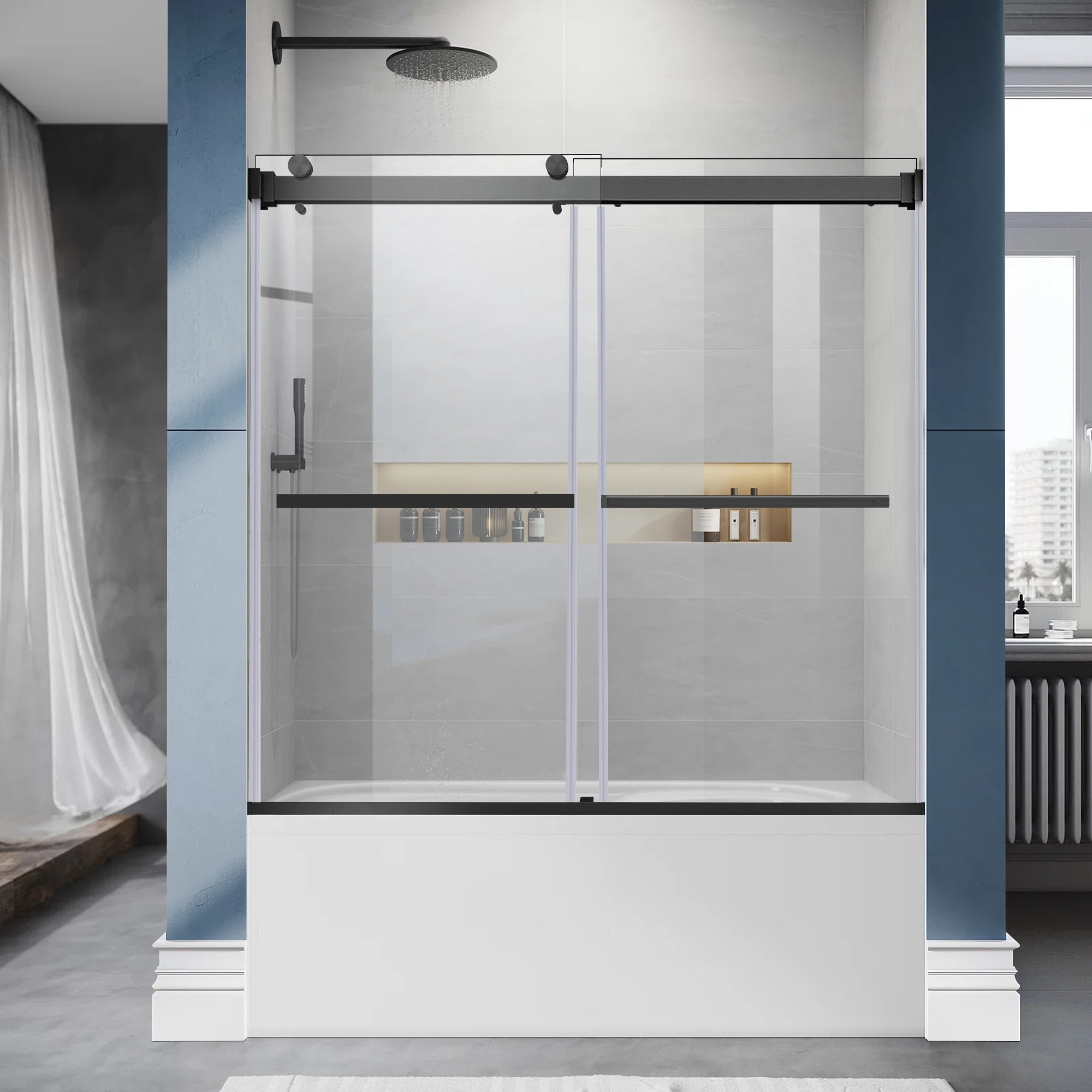 56"-60" x 58" Frameless Double Sliding Tub Door Roller B9 #Color_Matte Black