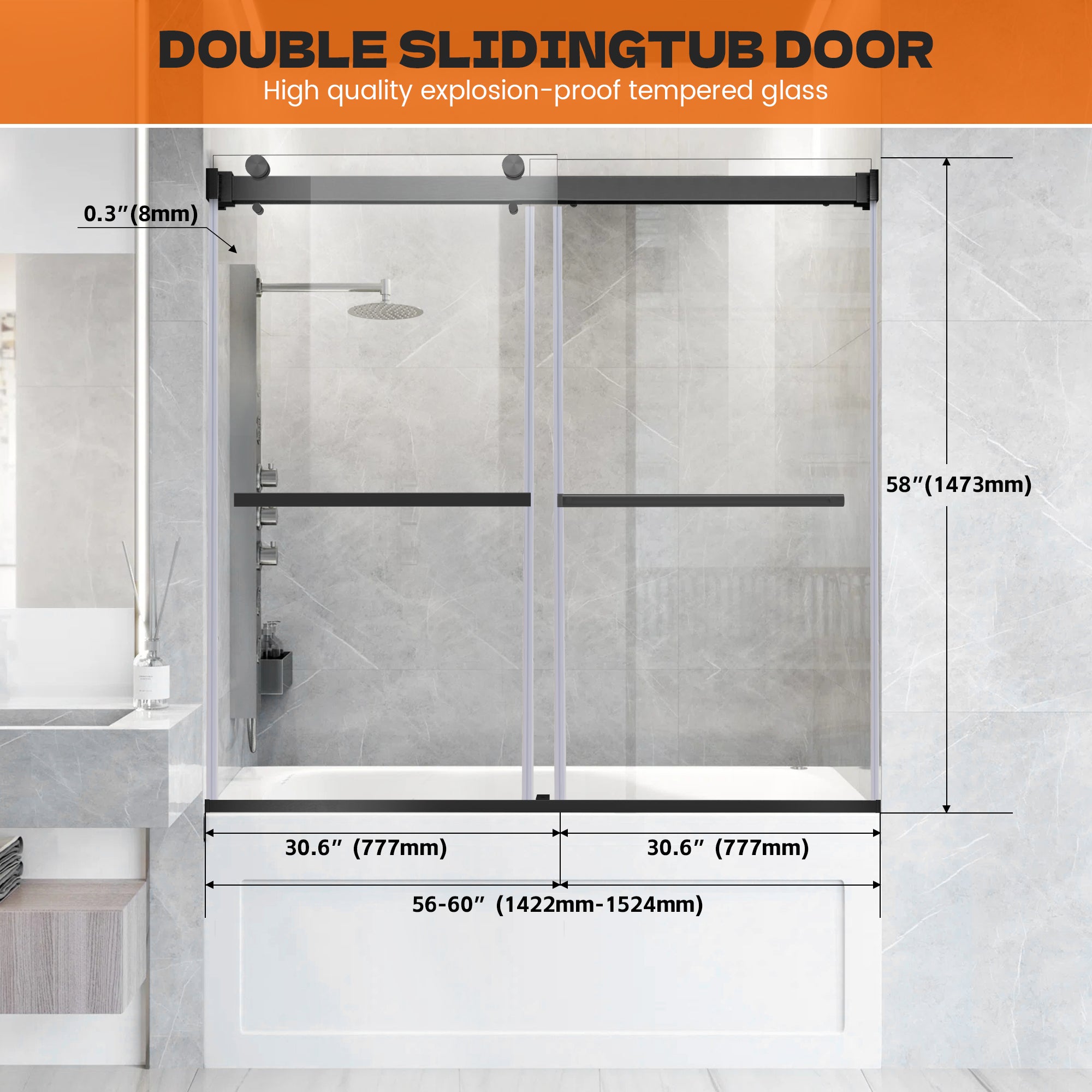 56"-60" x 58" Frameless Double Sliding Tub Door Roller B9 #Color_Matte Black