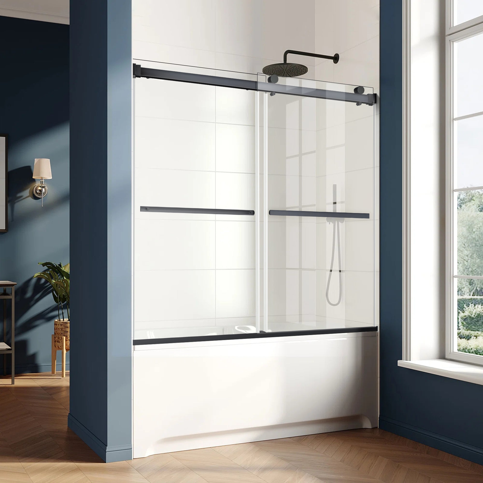 56"-60" x 58" Frameless Double Sliding Tub Door Roller B9 #Color_Matte Black