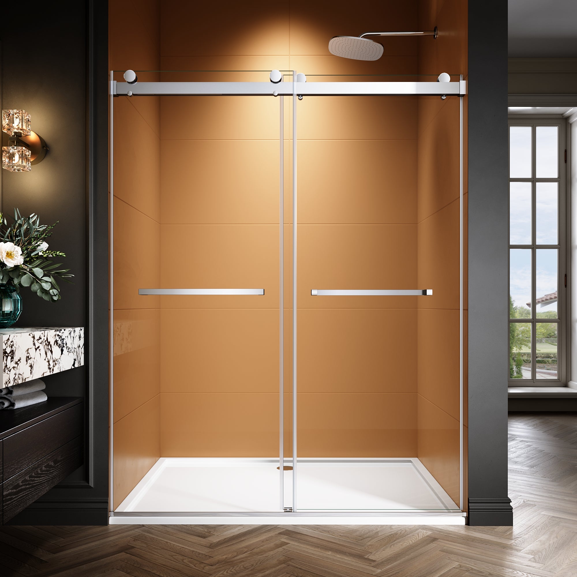 44"-48"/50"-54"/56"-60" x 76" Frameless Double Sliding Shower Door with Towel Bar #Color_Chrome