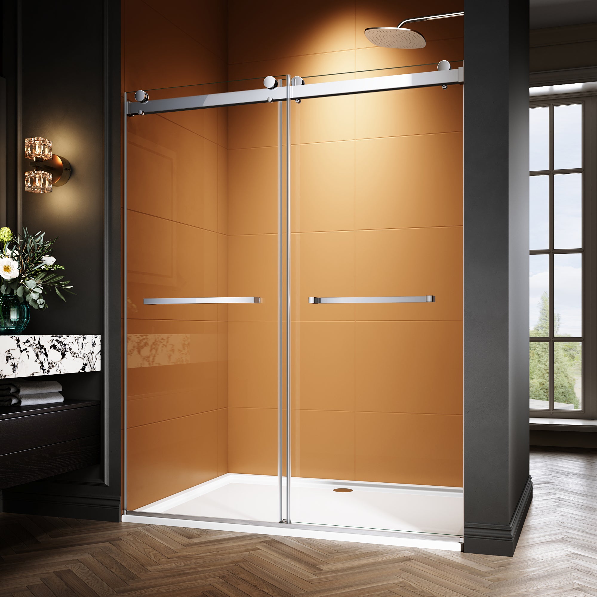 44"-48"/50"-54"/56"-60" x 76" Frameless Double Sliding Shower Door with Towel Bar #Color_Chrome