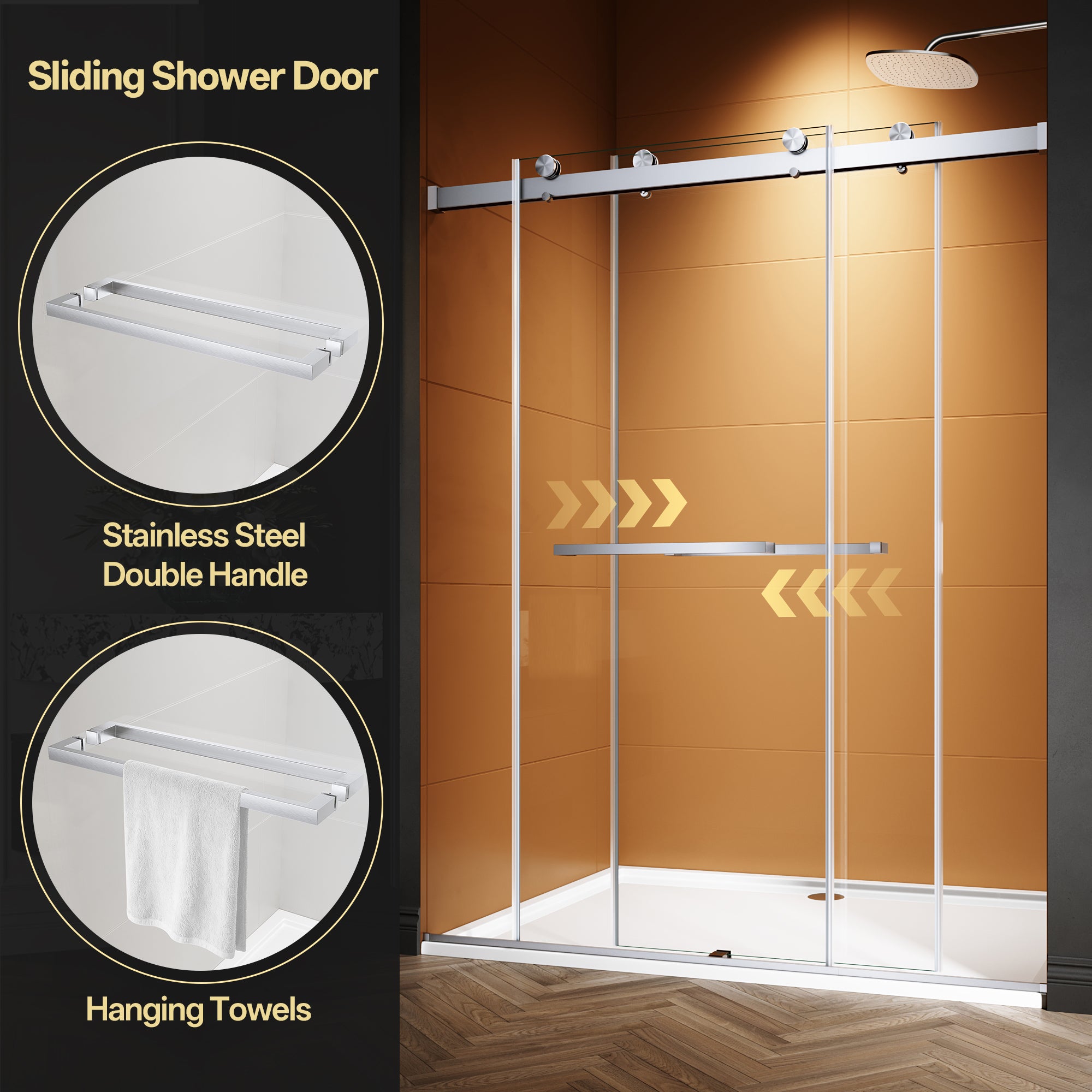 44"-48"/50"-54"/56"-60" x 76" Frameless Double Sliding Shower Door with Towel Bar #Color_Brushed Nickel