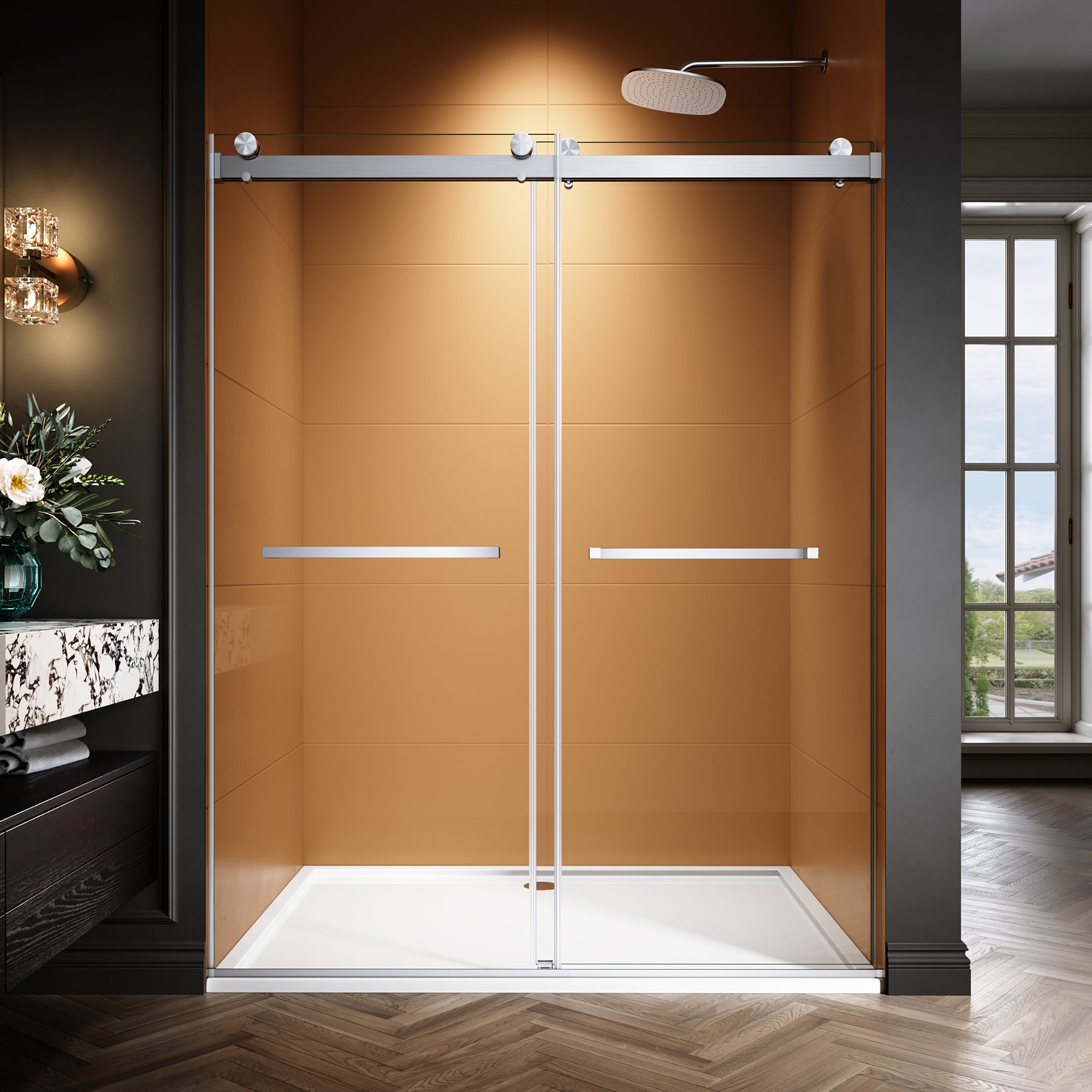 44"-48"/50"-54"/56"-60" x 76" Frameless Double Sliding Shower Door with Towel Bar #Color_Brushed Nickel