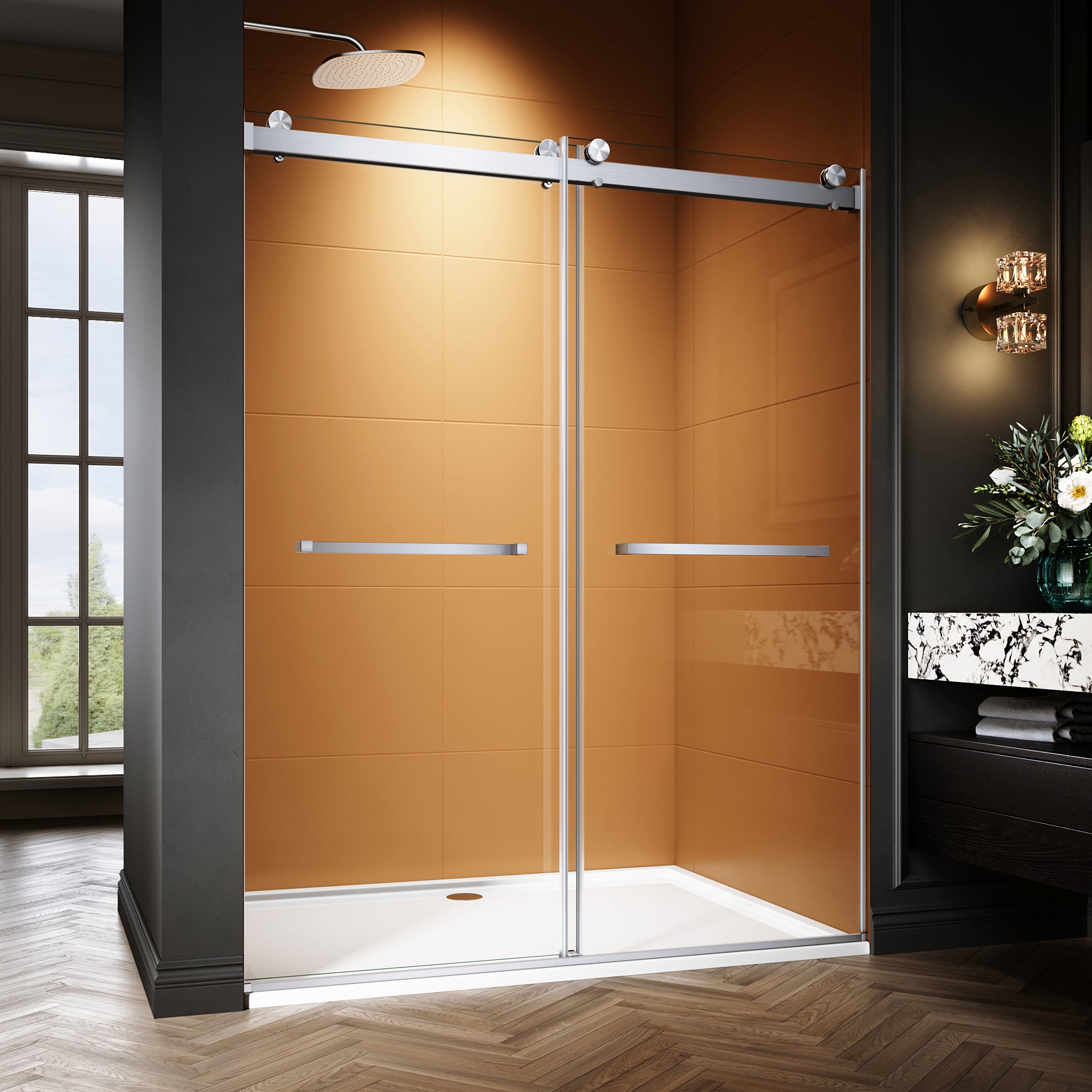 44"-48"/50"-54"/56"-60" x 76" Frameless Double Sliding Shower Door with Towel Bar #Color_Brushed Nickel