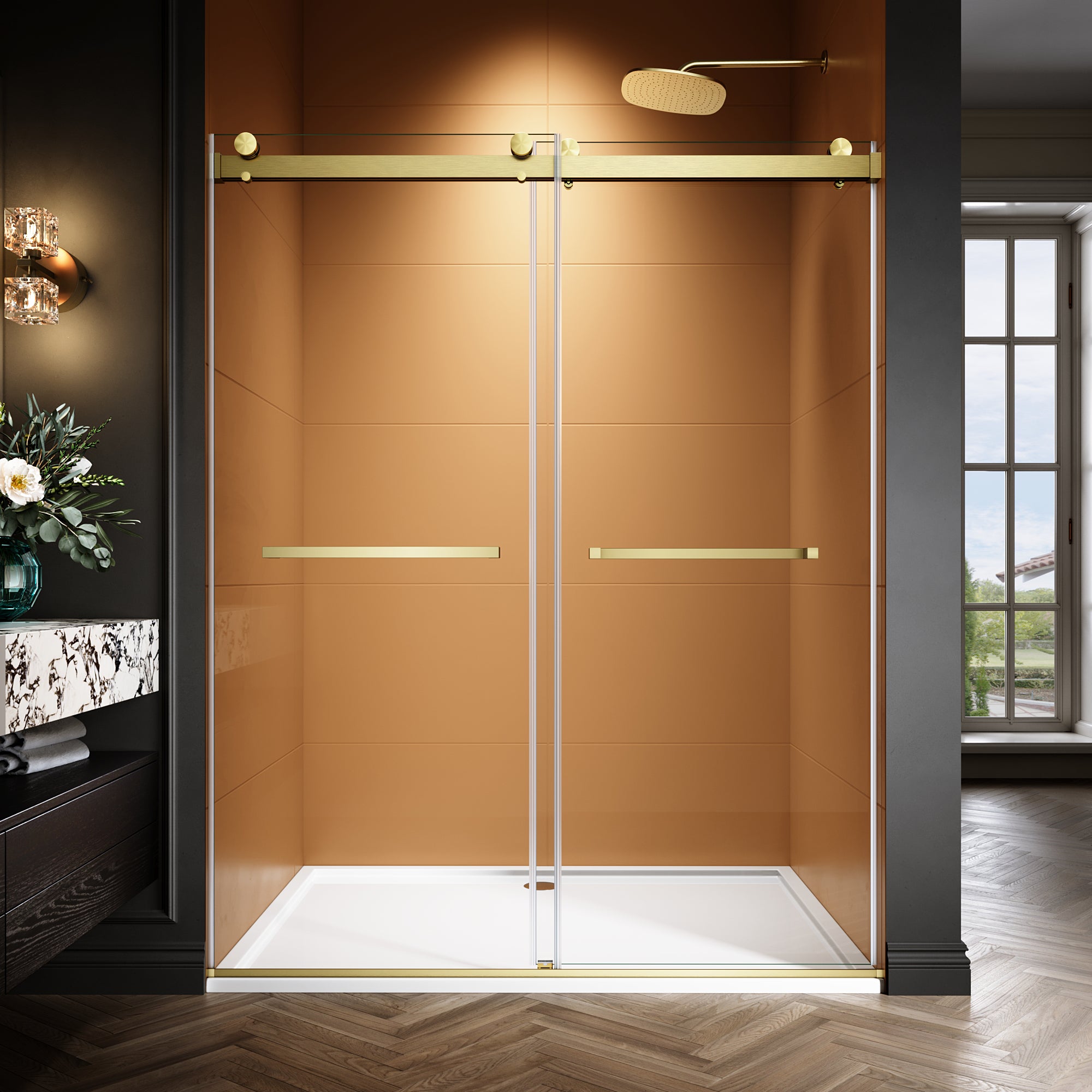 44"-48"/50"-54"/56"-60" x 76" Frameless Double Sliding Shower Door with Towel Bar #Color_Brushed Gold