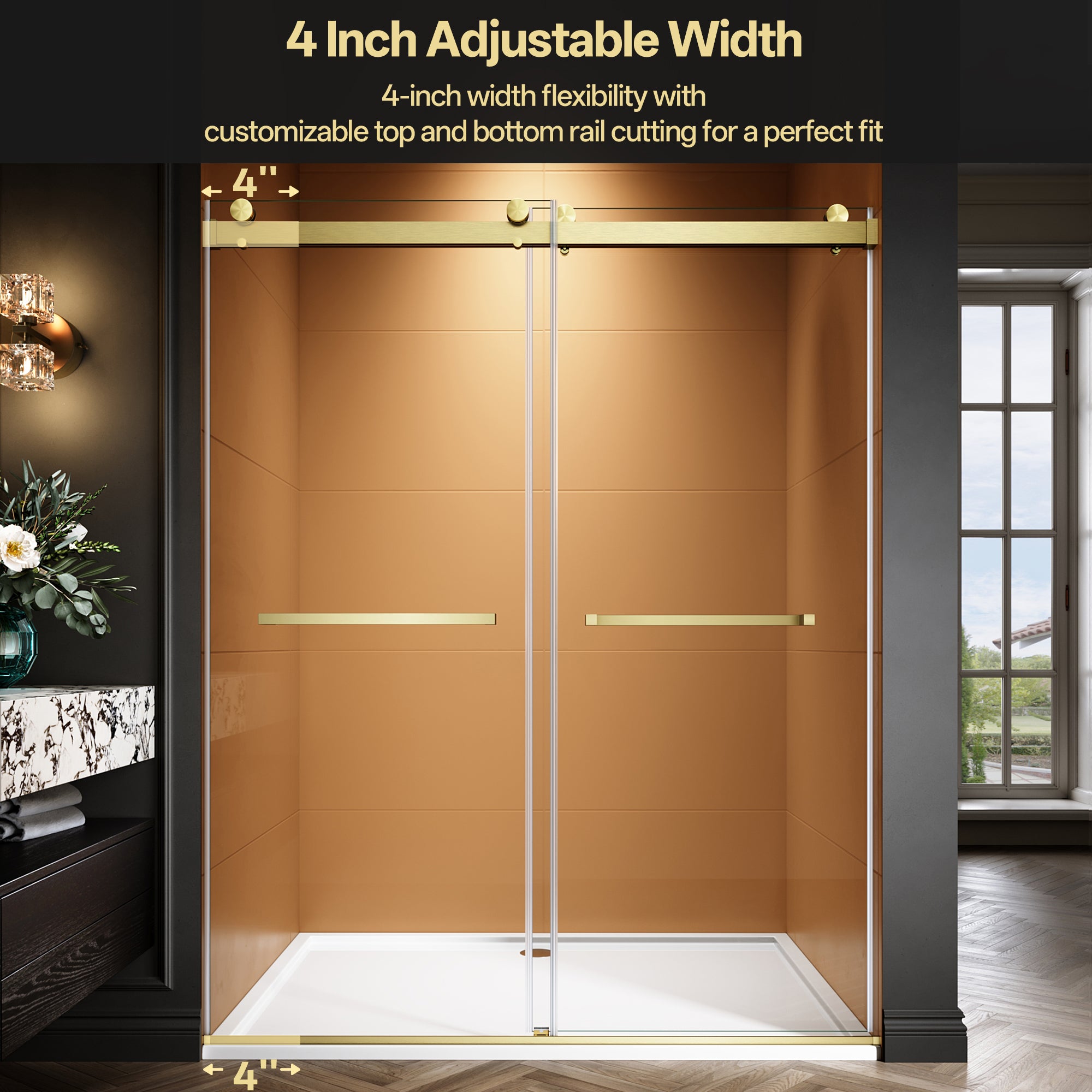 44"-48"/50"-54"/56"-60" x 76" Frameless Double Sliding Shower Door with Towel Bar #Color_Brushed Gold