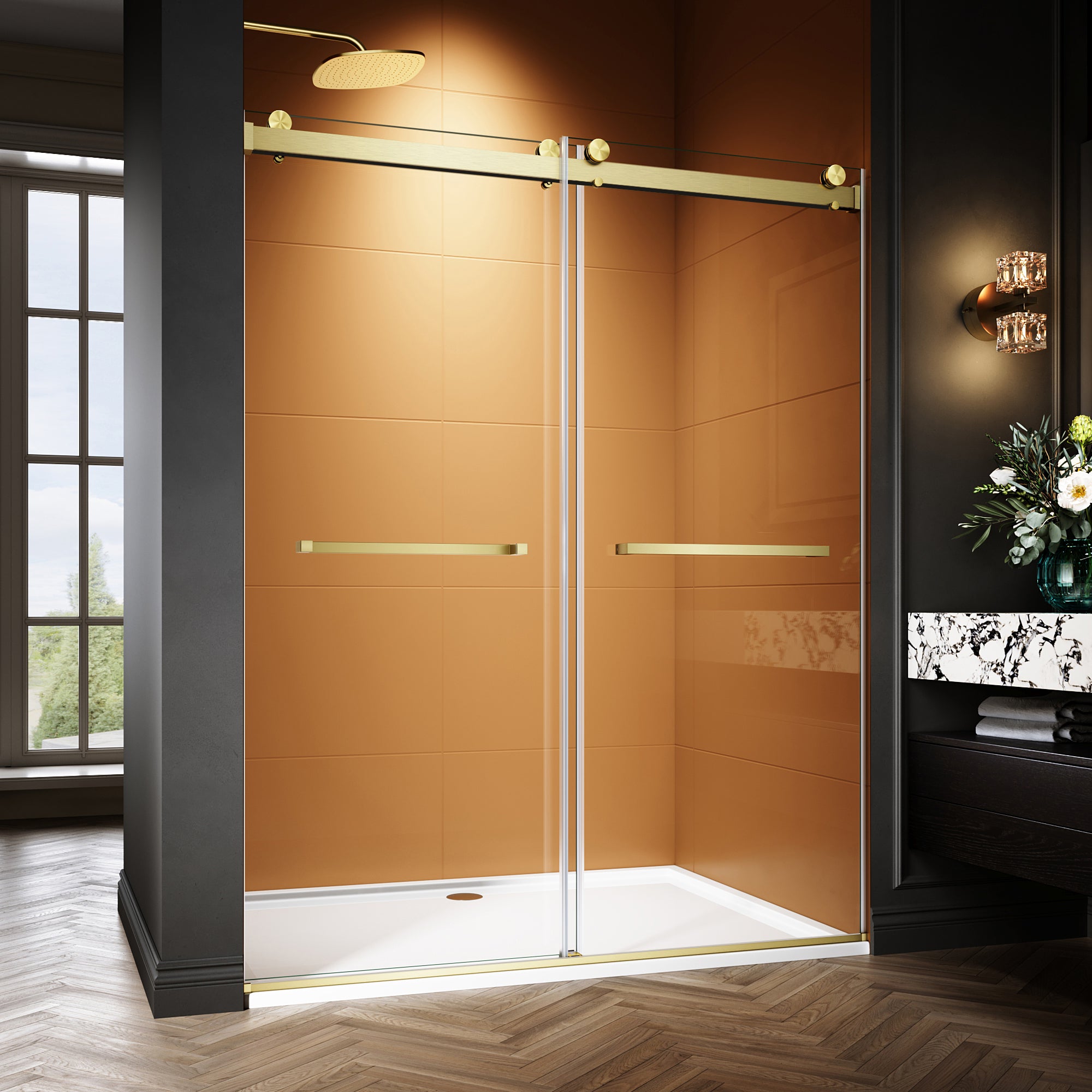 44"-48"/50"-54"/56"-60" x 76" Frameless Double Sliding Shower Door with Towel Bar #Color_Brushed Gold