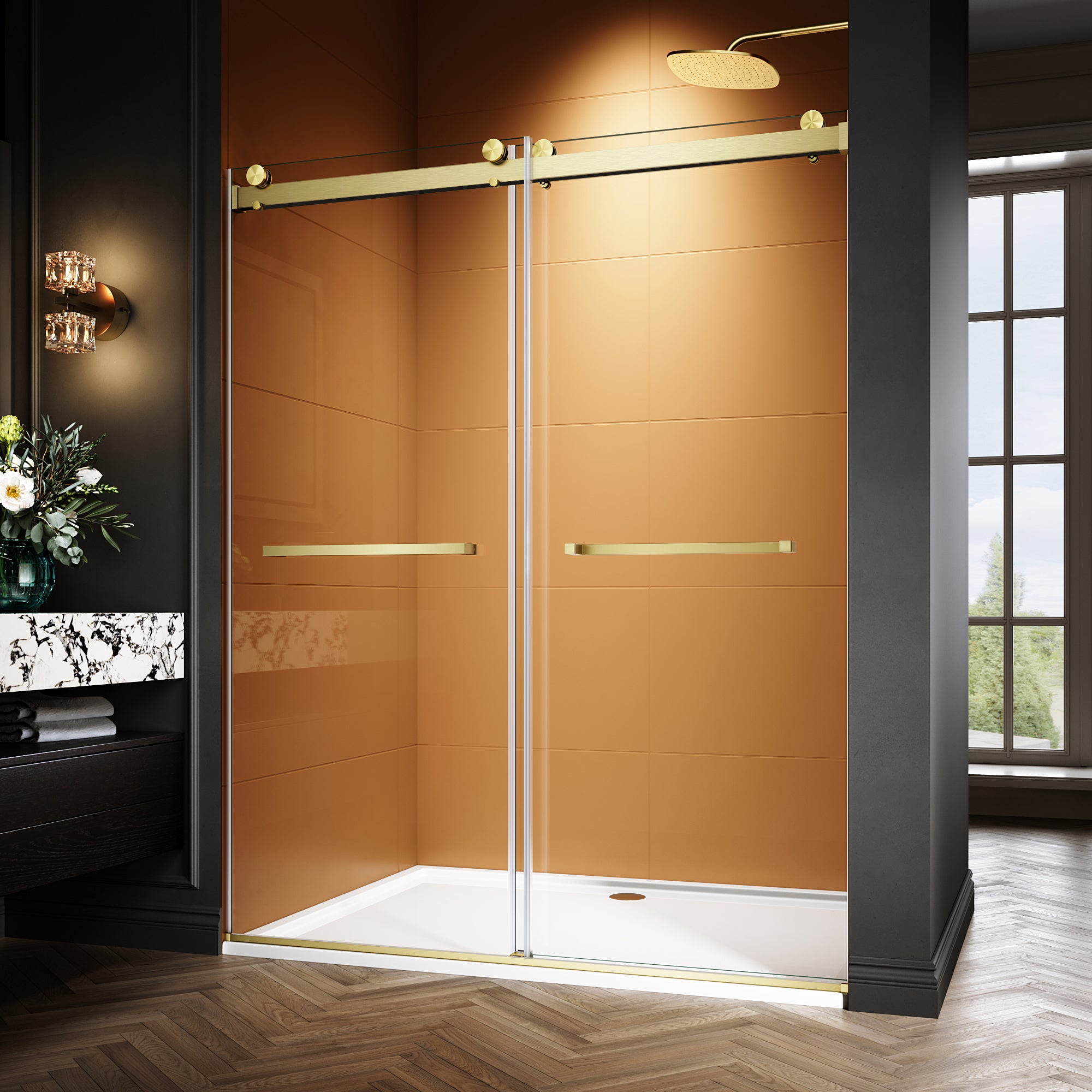 44"-48"/50"-54"/56"-60" x 76" Frameless Double Sliding Shower Door with Towel Bar #Color_Brushed Gold