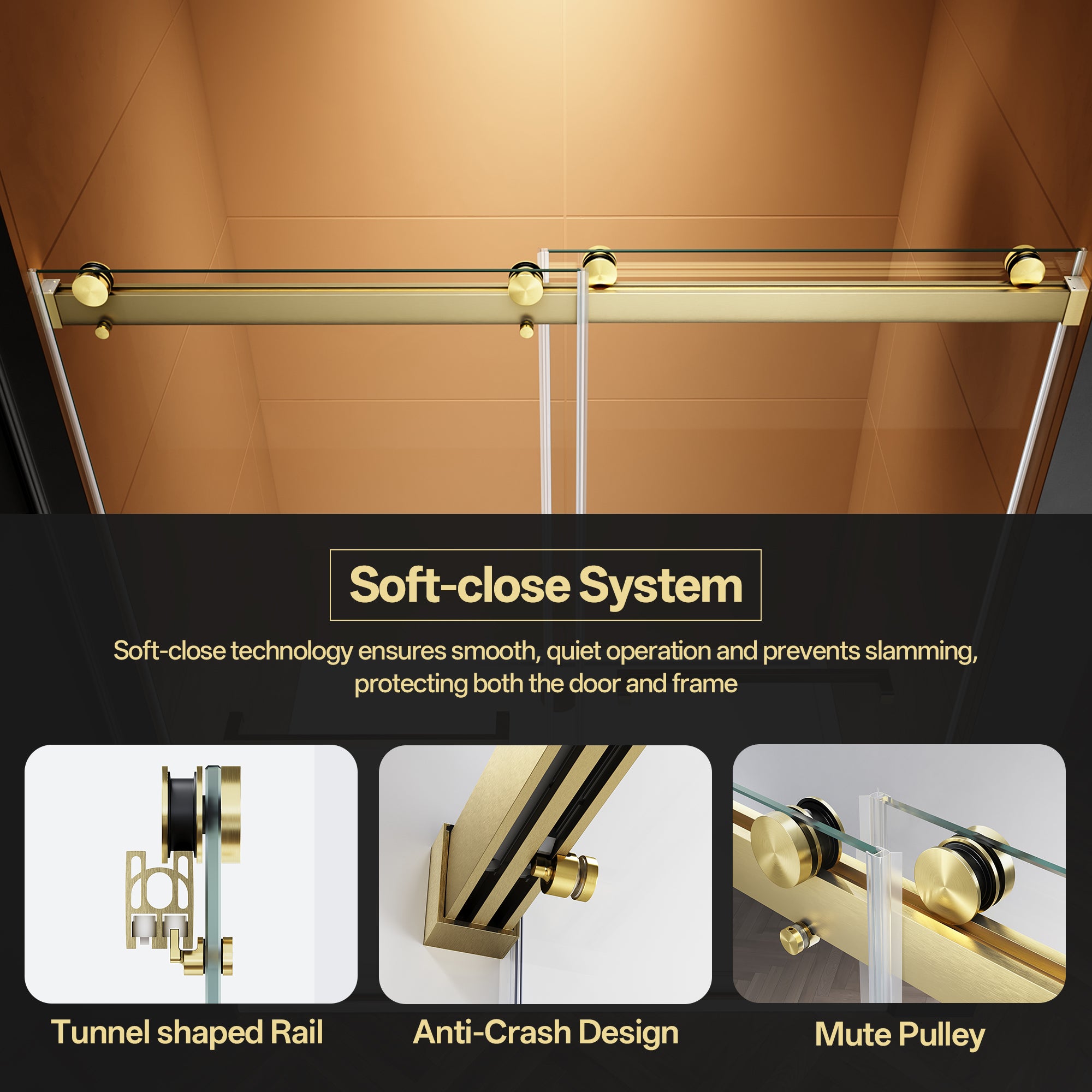 44"-48"/50"-54"/56"-60" x 76" Frameless Double Sliding Shower Door with Towel Bar #Color_Brushed Gold