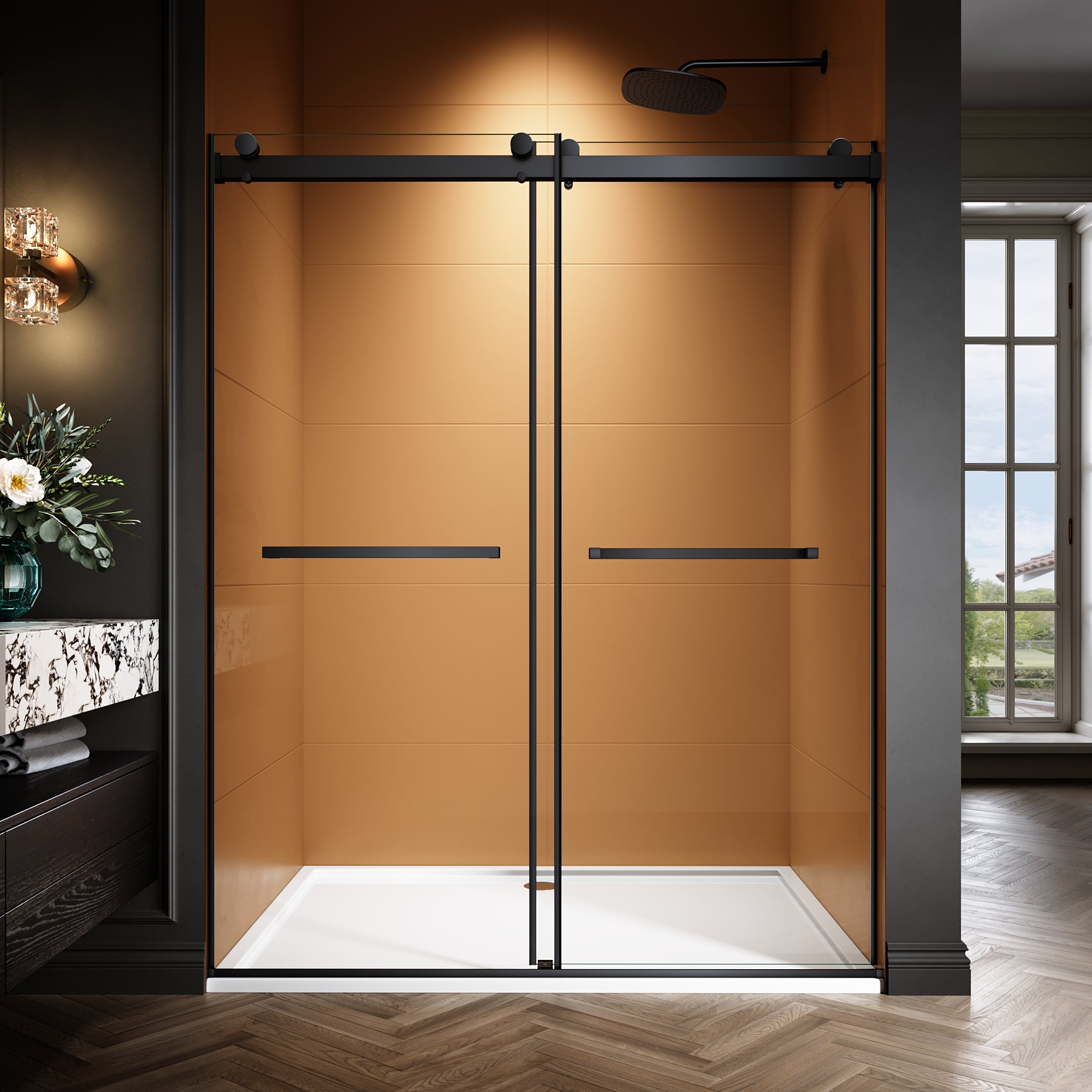 44"-48"/50"-54"/56"-60" x 76" Frameless Double Sliding Shower Door with Towel Bar #Color_Matte Black
