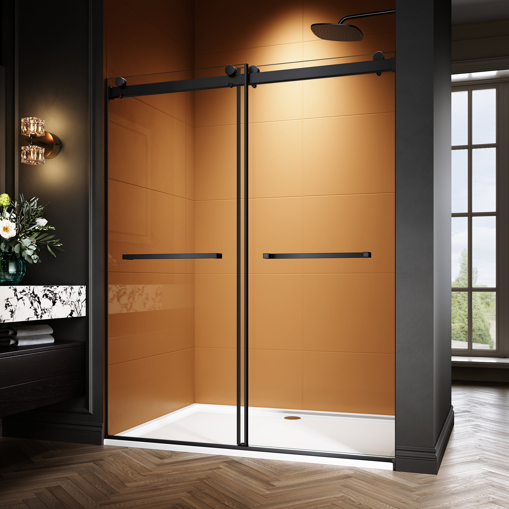 44"-48"/50"-54"/56"-60" x 76" Frameless Double Sliding Shower Door with Towel Bar #Color_Matte Black