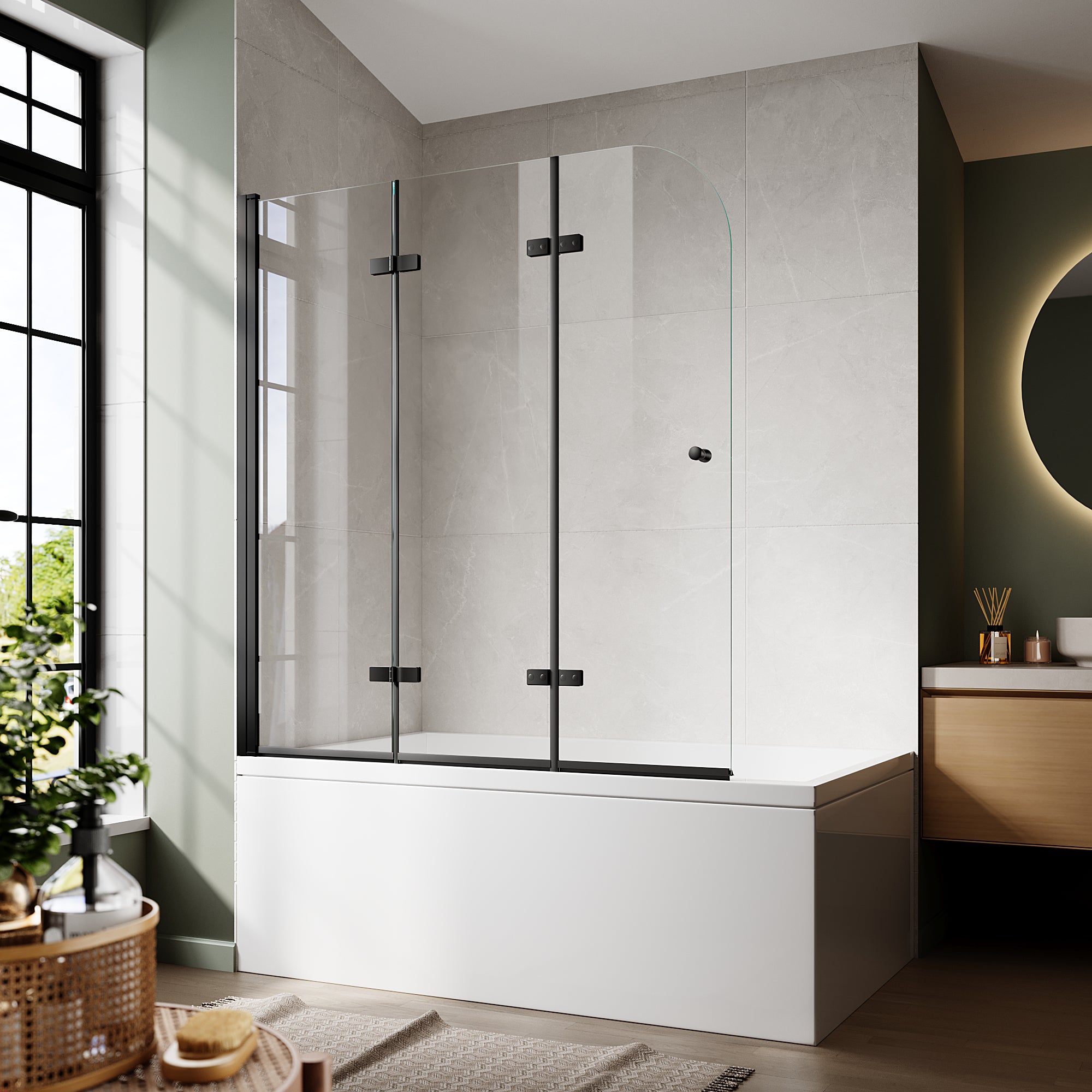 51"-51.6" W x 59" H Frameless Hinged 3-Panel Tri-Fold Bathtub Door with 1/4" (6 mm) Clear Glass, 180° Pivoting and Full Fold #Color_Matte Black