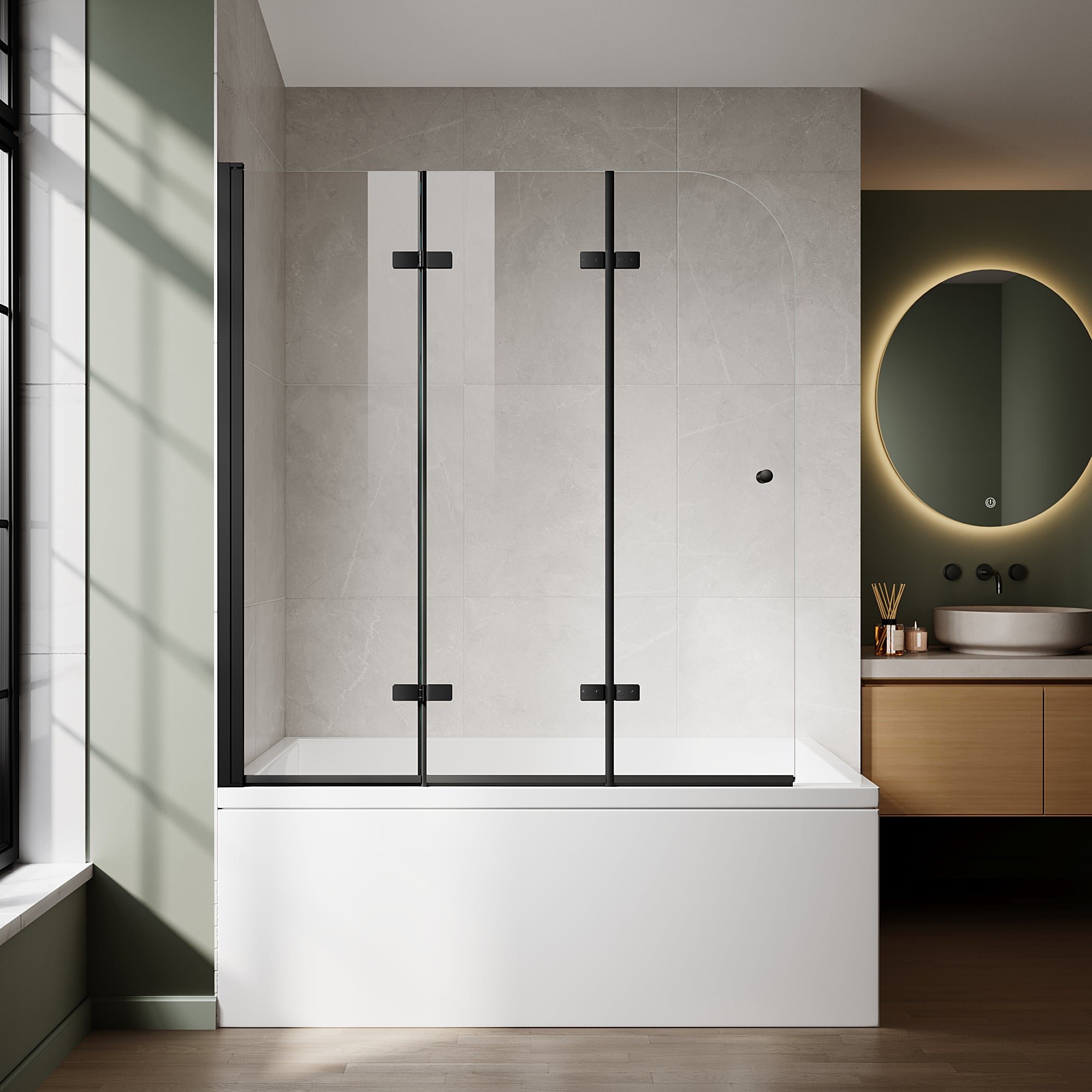 51"-51.6" W x 59" H Frameless Hinged 3-Panel Tri-Fold Bathtub Door with 1/4" (6 mm) Clear Glass, 180° Pivoting and Full Fold #Color_Matte Black