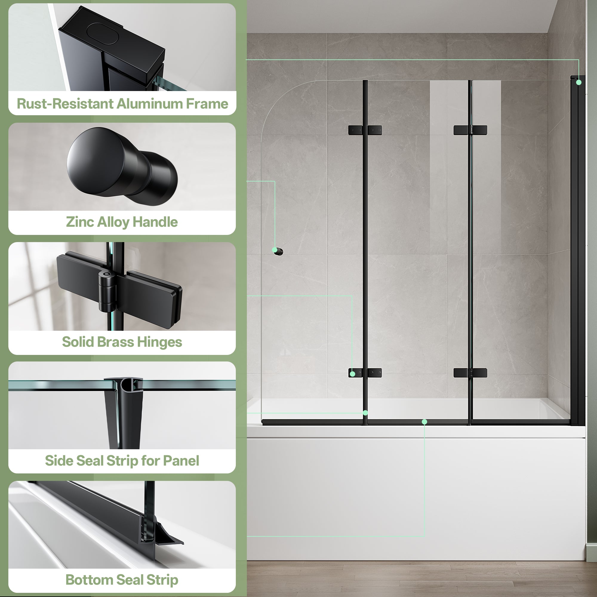 51"-51.6" W x 59" H Frameless Hinged 3-Panel Tri-Fold Bathtub Door with 1/4" (6 mm) Clear Glass, 180° Pivoting and Full Fold #Color_Matte Black