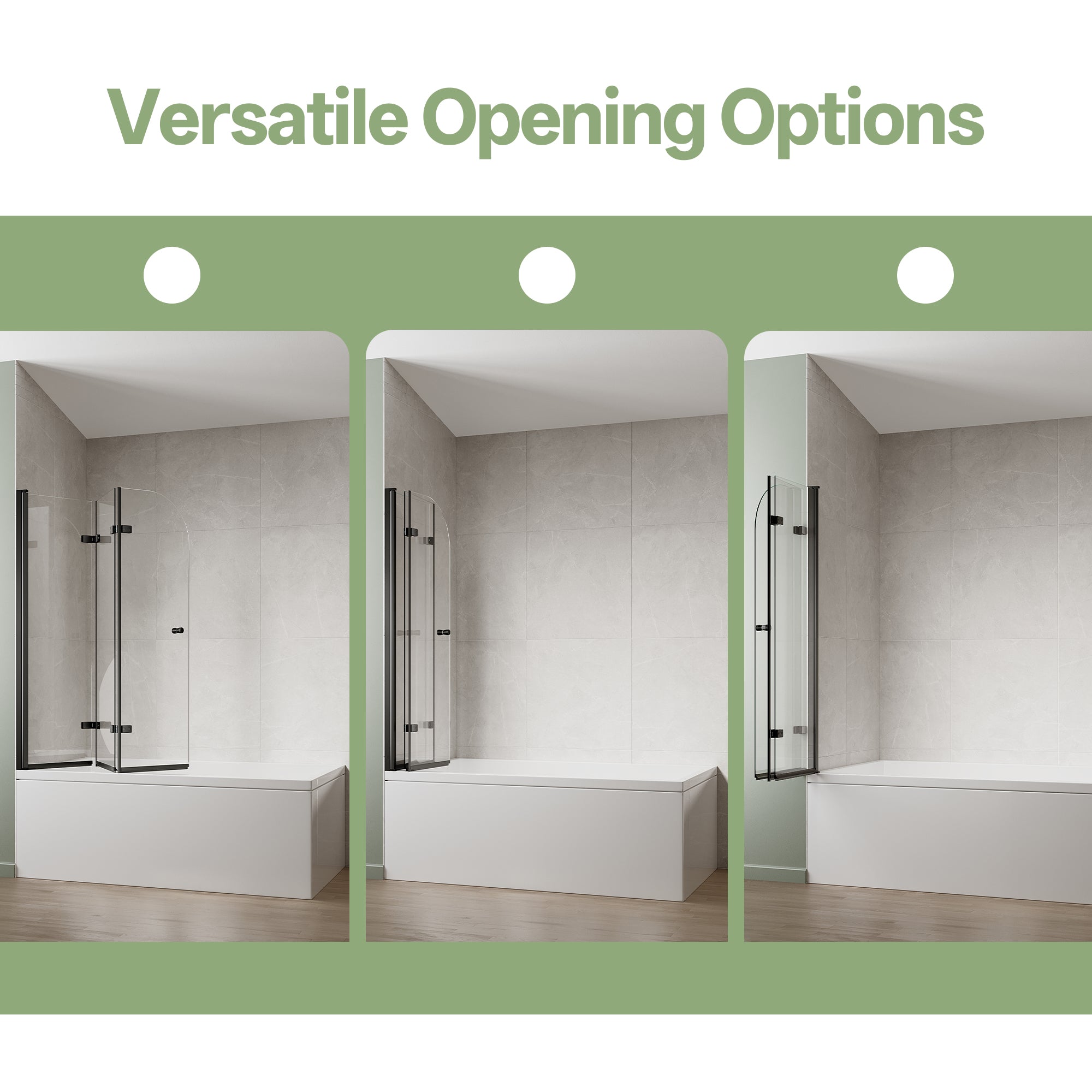 51"-51.6" W x 59" H Frameless Hinged 3-Panel Tri-Fold Bathtub Door with 1/4" (6 mm) Clear Glass, 180° Pivoting and Full Fold #Color_Matte Black