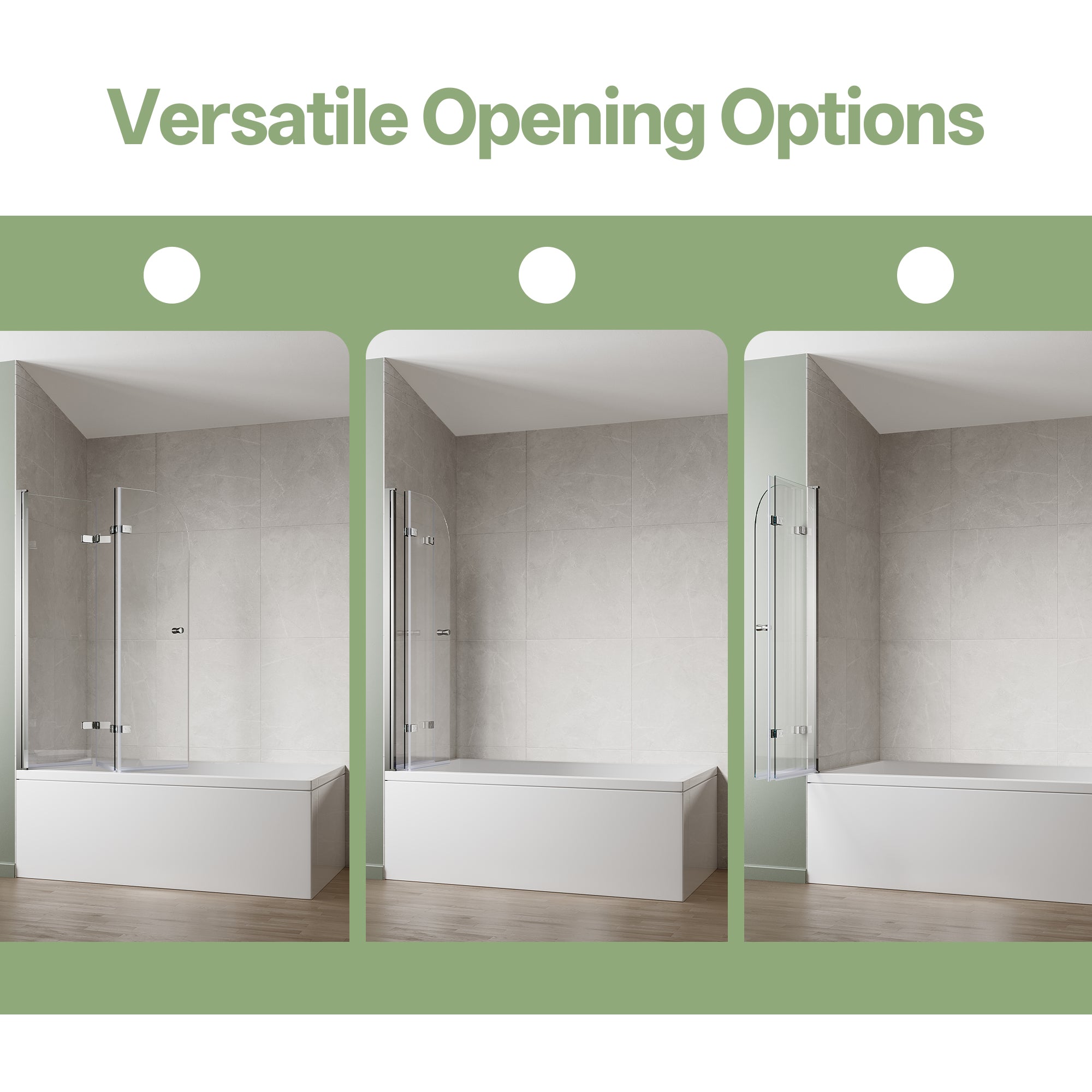 51"-51.6" W x 59" H Frameless Hinged 3-Panel Tri-Fold Bathtub Door with 1/4" (6 mm) Clear Glass, 180° Pivoting and Full Fold #Color_Chrome