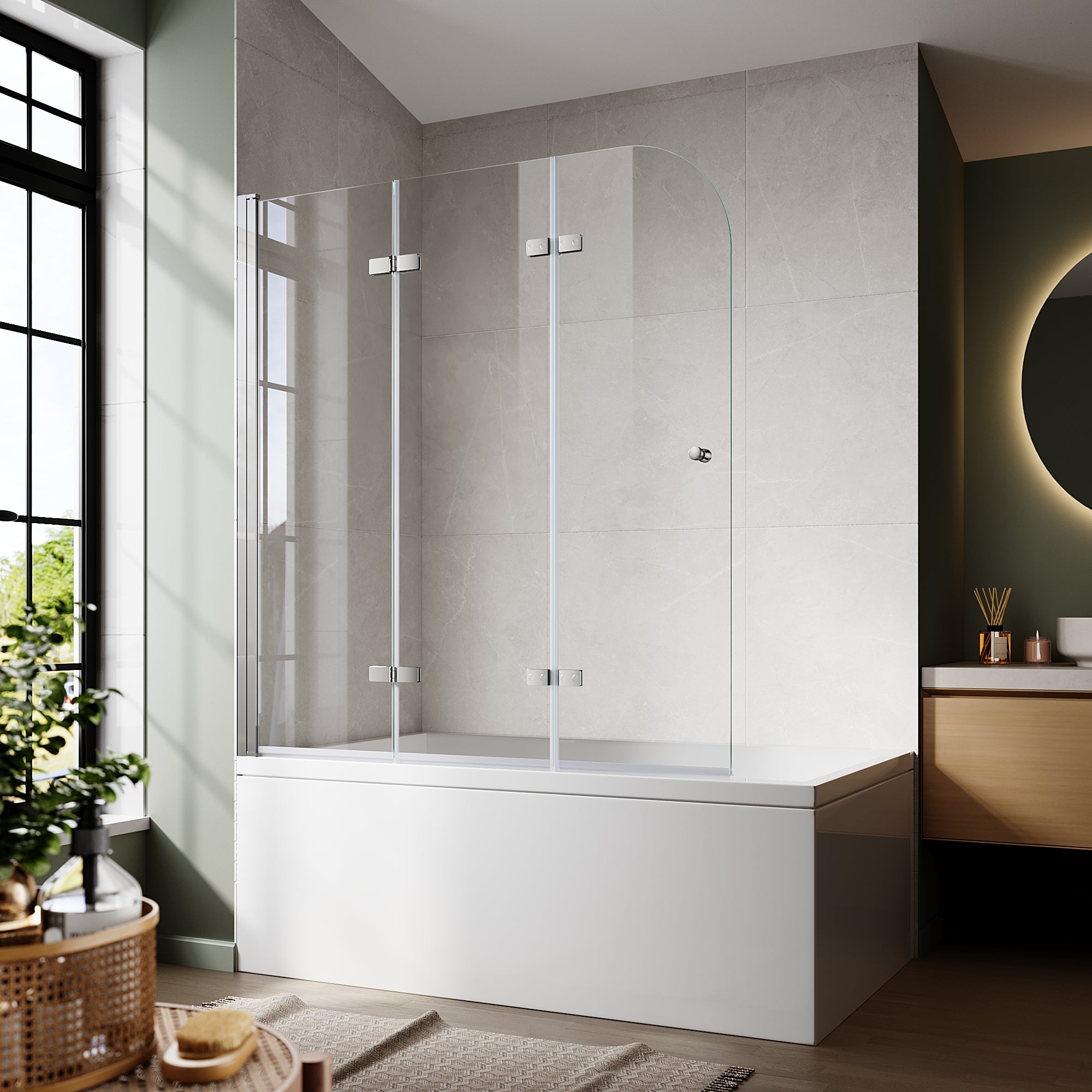 51"-51.6" W x 59" H Frameless Hinged 3-Panel Tri-Fold Bathtub Door with 1/4" (6 mm) Clear Glass, 180° Pivoting and Full Fold #Color_Chrome