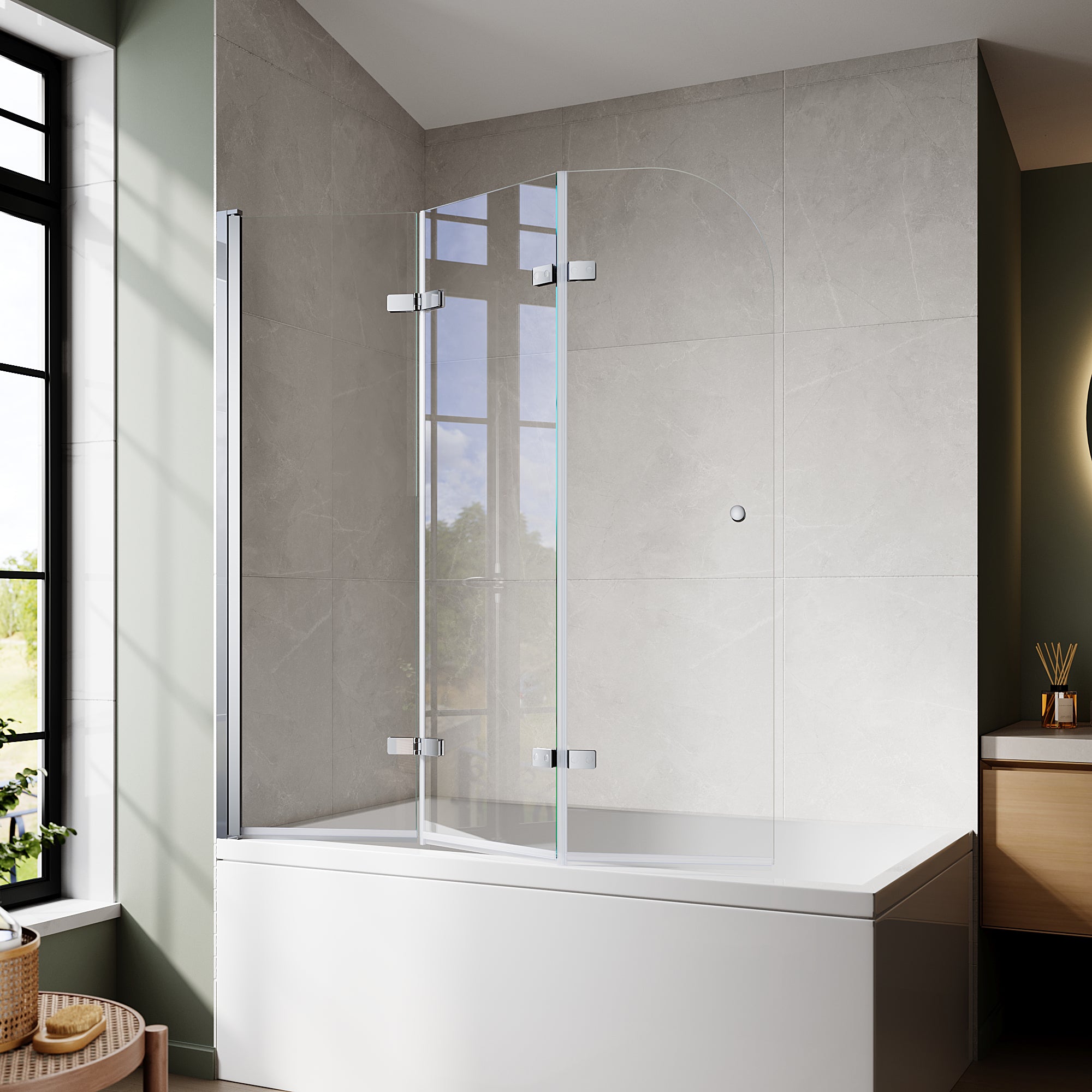 51"-51.6" W x 59" H Frameless Hinged 3-Panel Tri-Fold Bathtub Door with 1/4" (6 mm) Clear Glass, 180° Pivoting and Full Fold #Color_Chrome