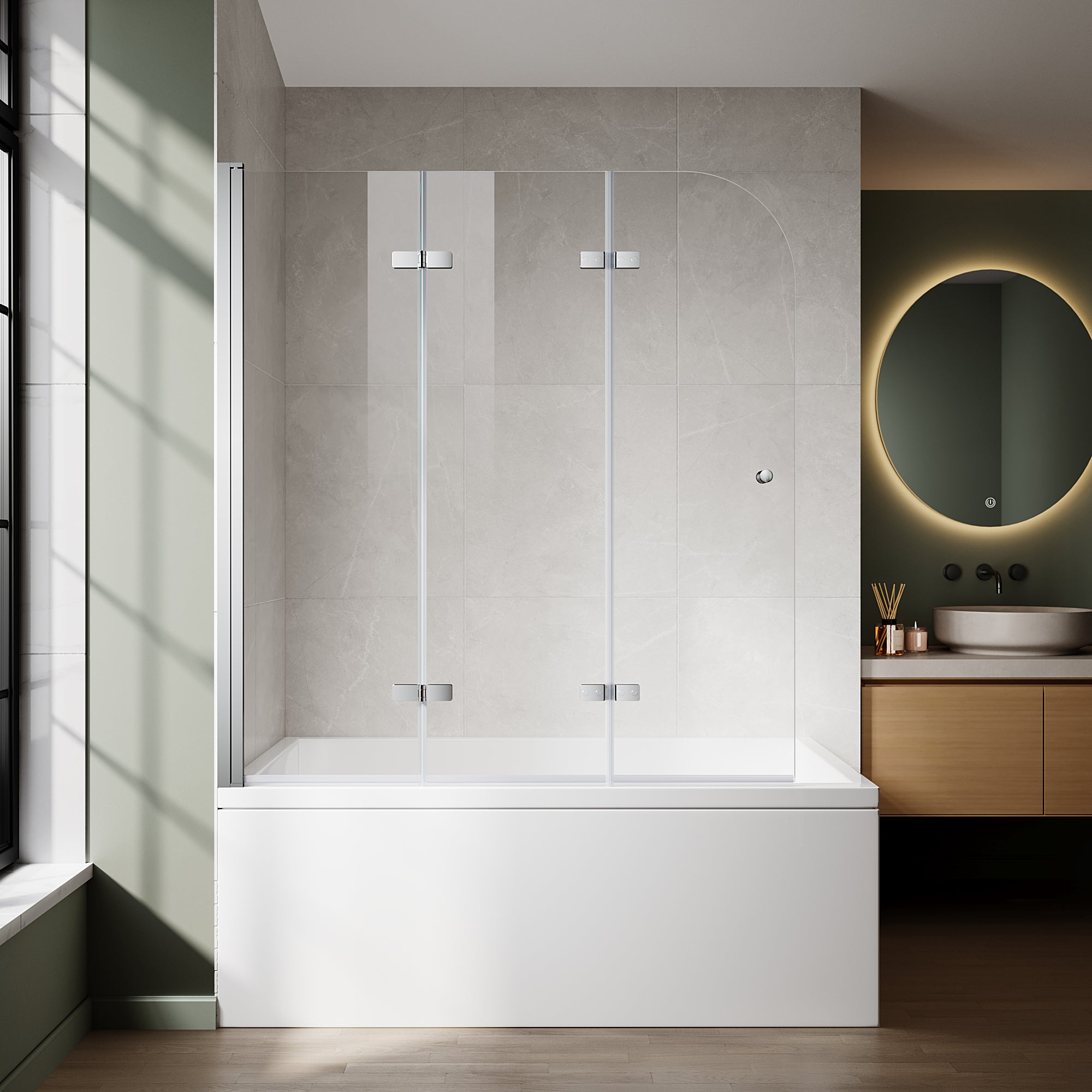 51"-51.6" W x 59" H Frameless Hinged 3-Panel Tri-Fold Bathtub Door with 1/4" (6 mm) Clear Glass, 180° Pivoting and Full Fold #Color_Chrome