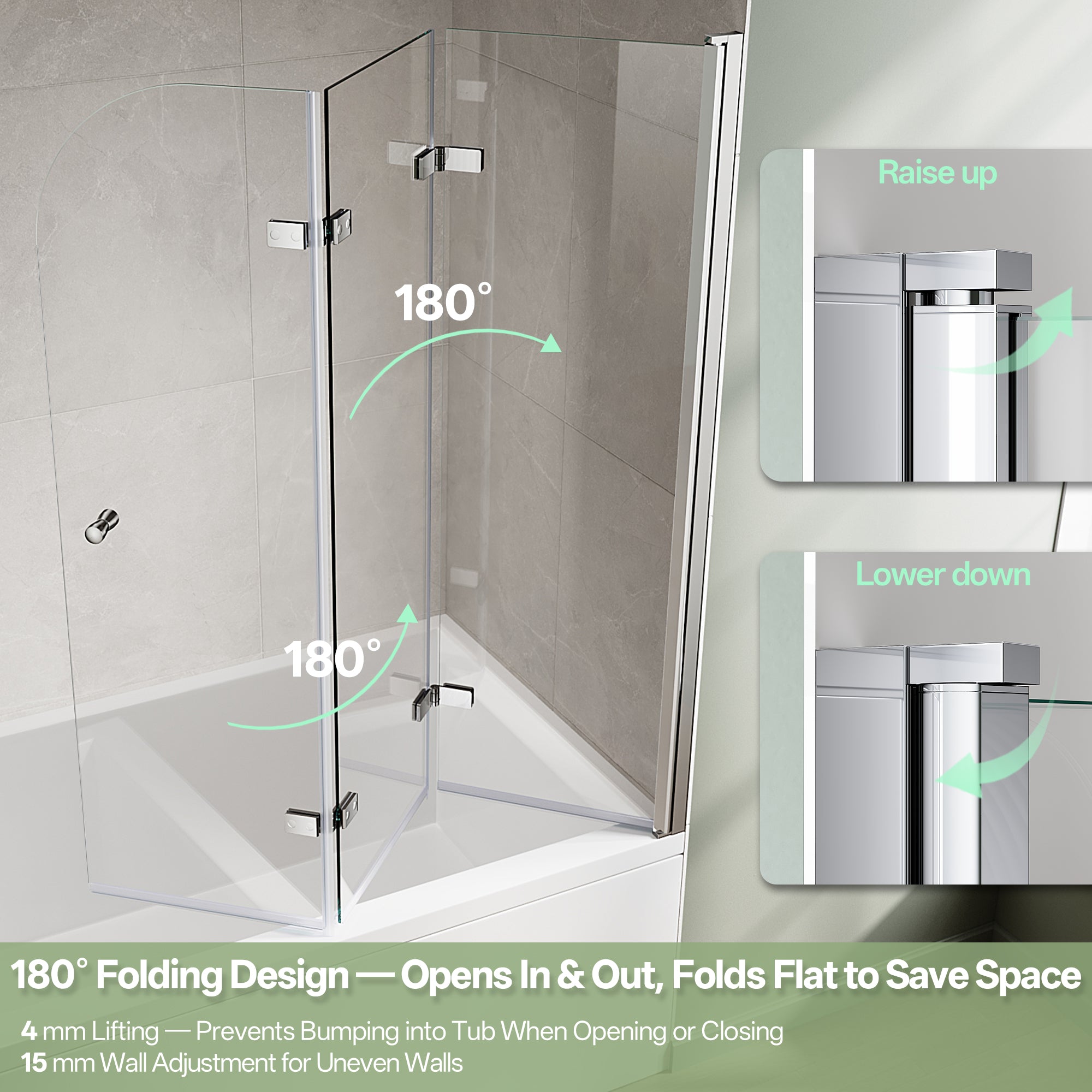 51"-51.6" W x 59" H Frameless Hinged 3-Panel Tri-Fold Bathtub Door with 1/4" (6 mm) Clear Glass, 180° Pivoting and Full Fold #Color_Chrome
