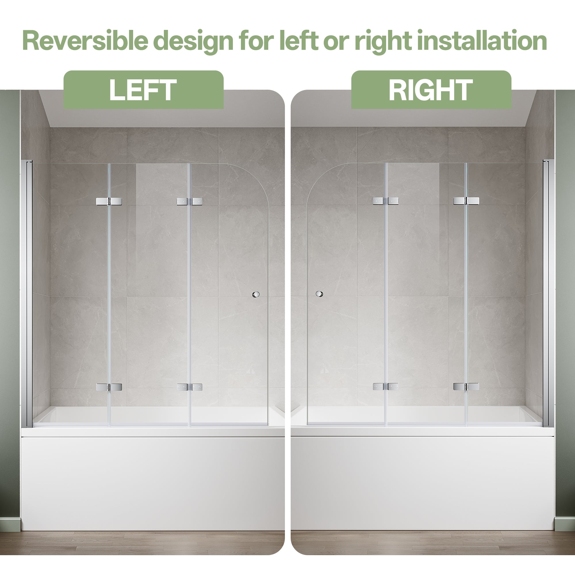 51"-51.6" W x 59" H Frameless Hinged 3-Panel Tri-Fold Bathtub Door with 1/4" (6 mm) Clear Glass, 180° Pivoting and Full Fold #Color_Chrome