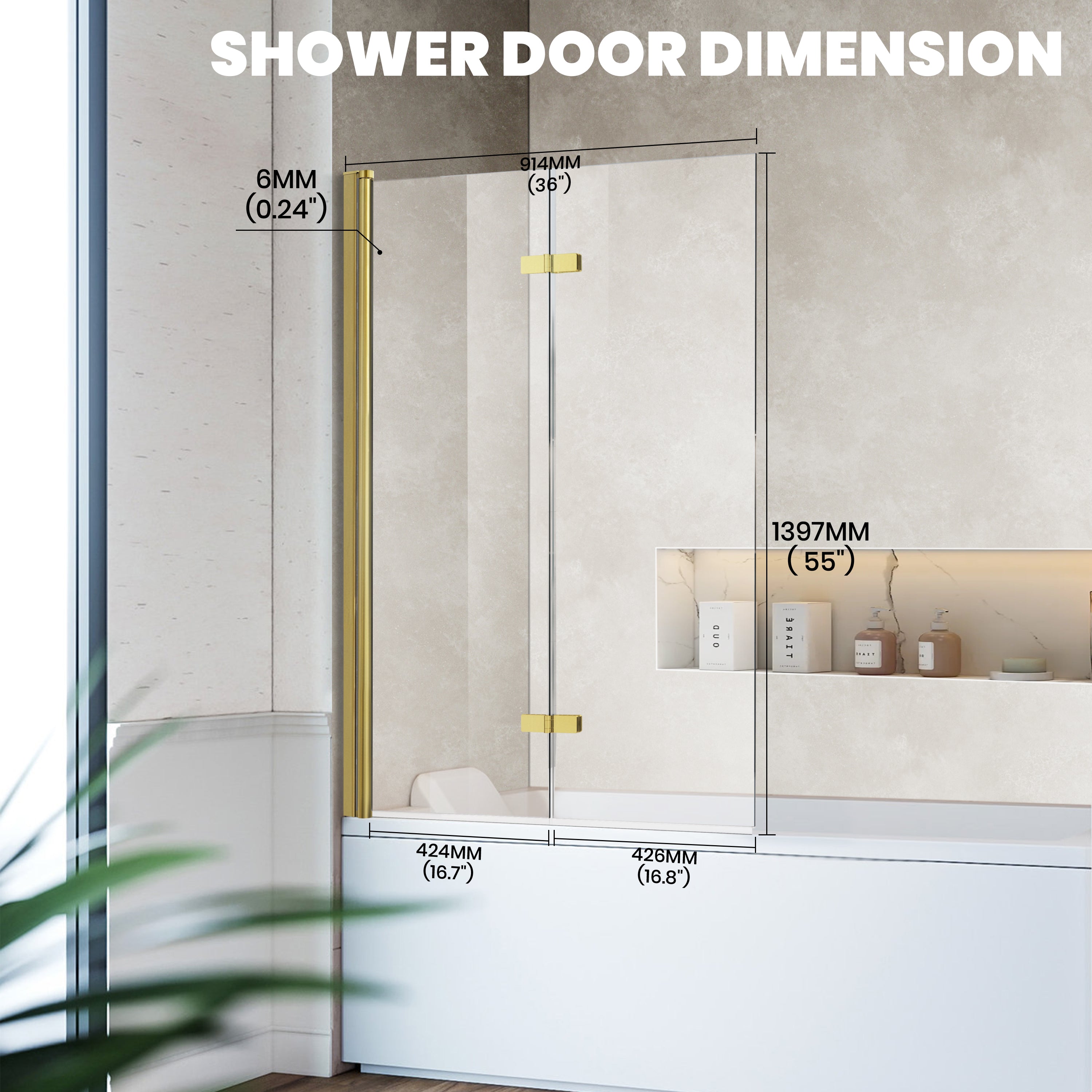 30" W x 55" H Frameless Bi-Fold Hinged Bathtub Door Serene B28 #Color_Brushed Gold