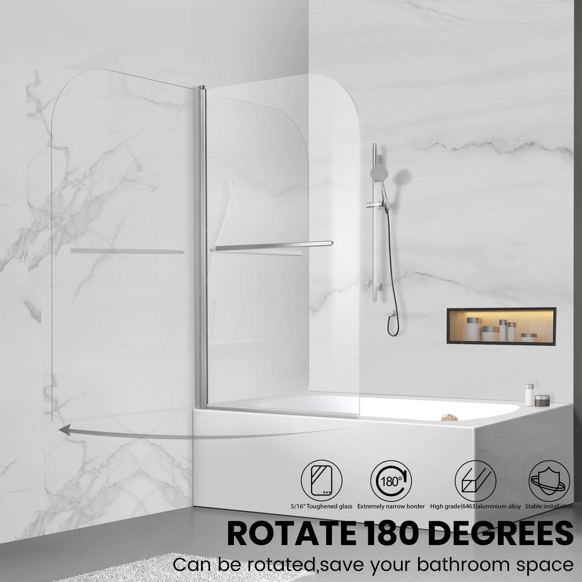 34" W x 58" H Frameless Pivot Bathtub Screen with Curved Top Misty J1 #Color_Polished Chrome