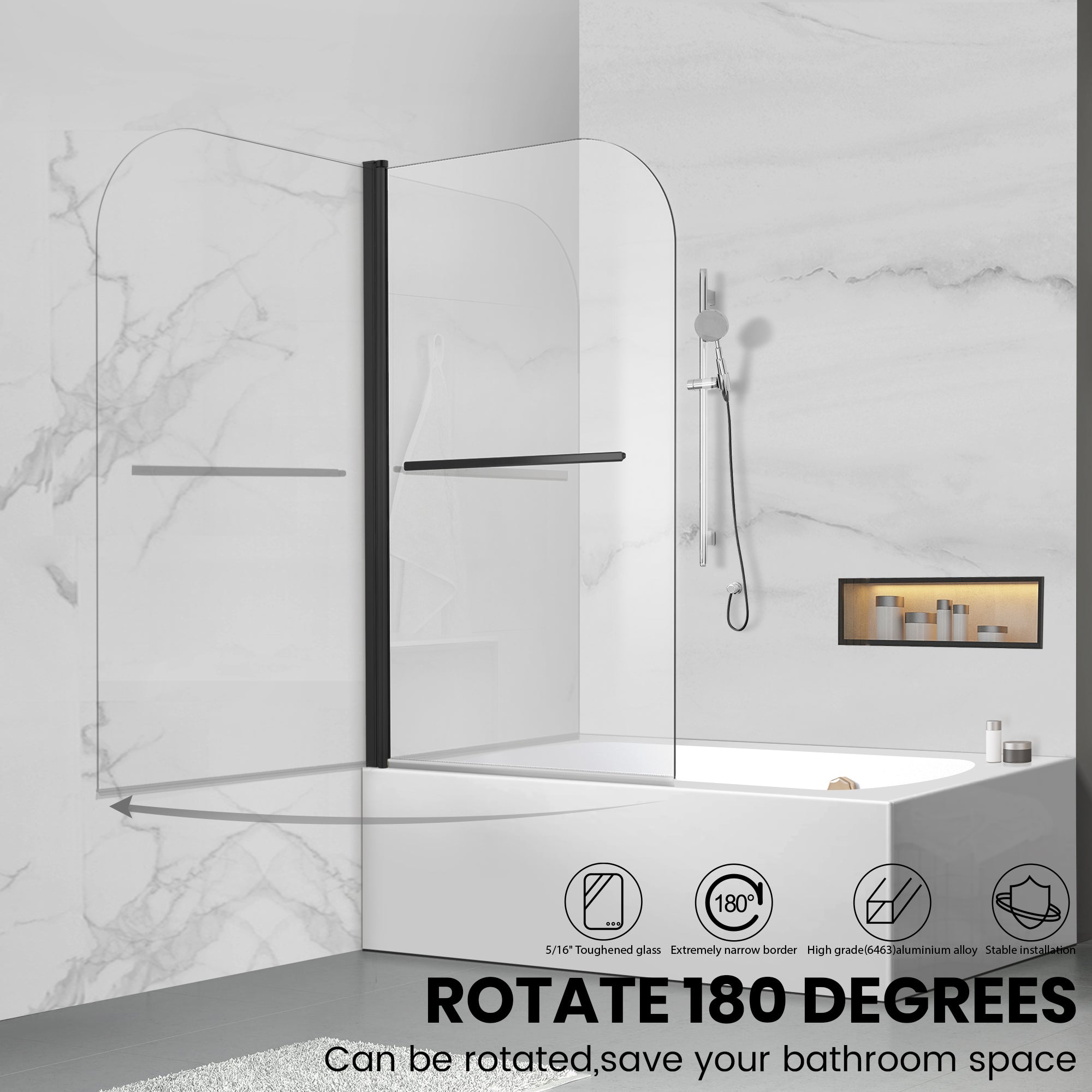 34" W x 58" H Frameless Pivot Bathtub Screen with Curved Top Misty J2 #Color_Matte Black