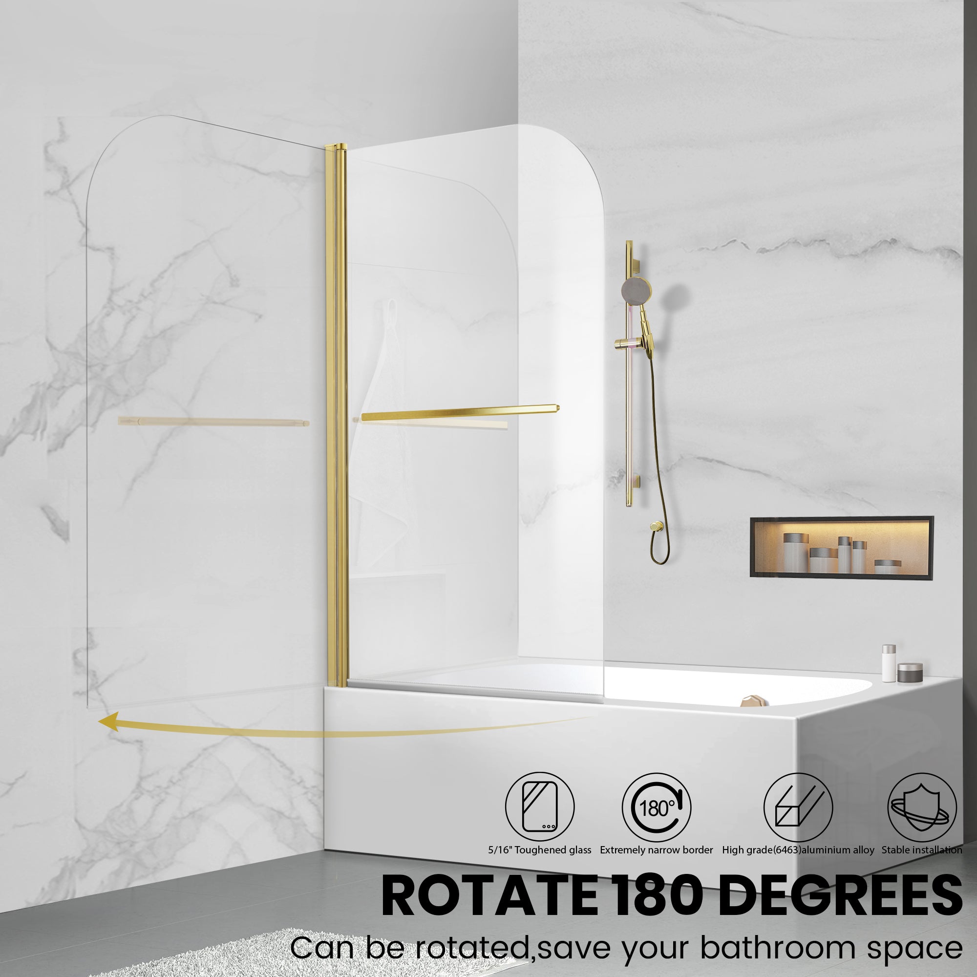34" W x 58" H Frameless Pivot Bathtub Screen with Curved Top Misty J3 #Color_Brushed Gold
