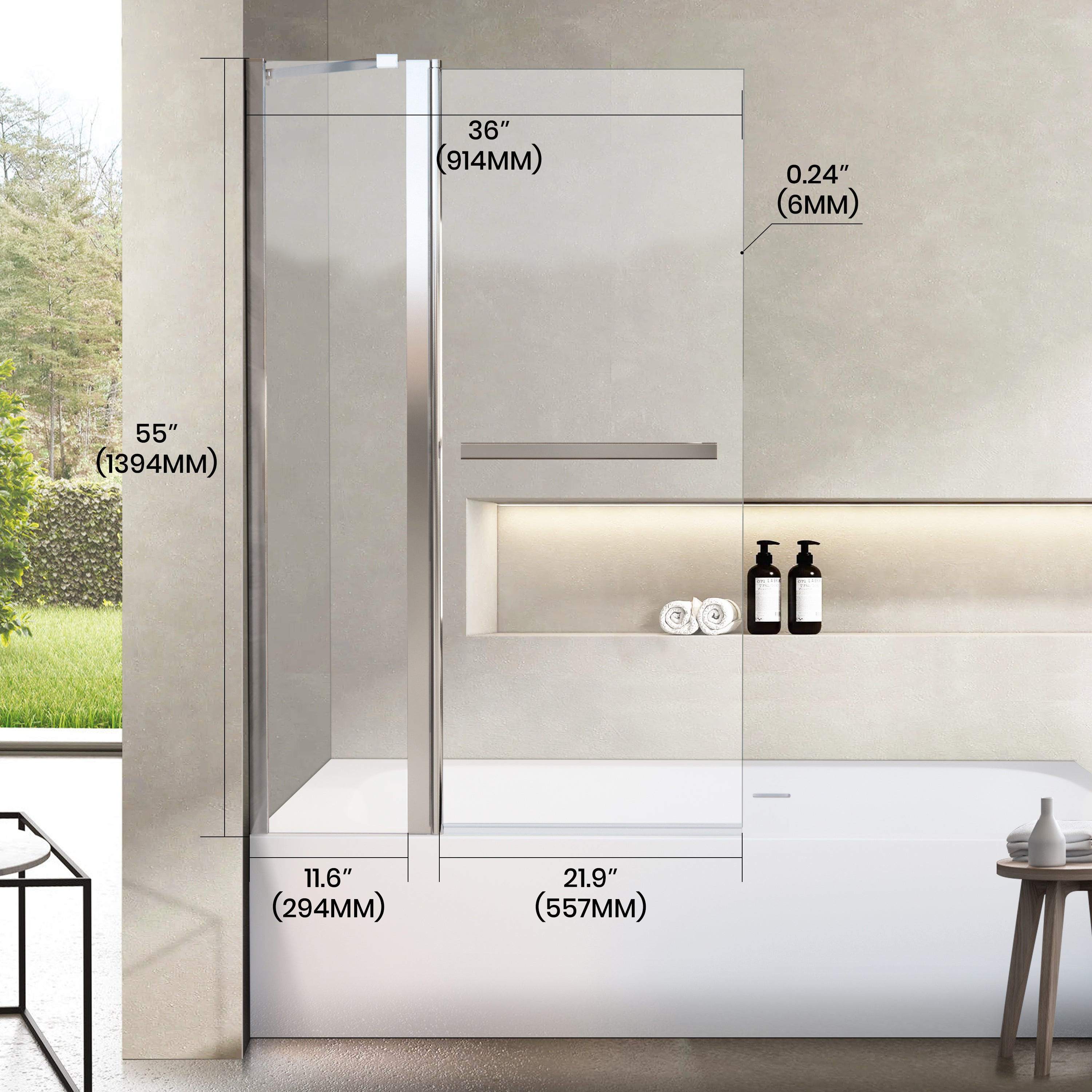 36" W x 55" H Frameless Pivot Bathtub Screen Serene B2 #Color_Polished Chrome