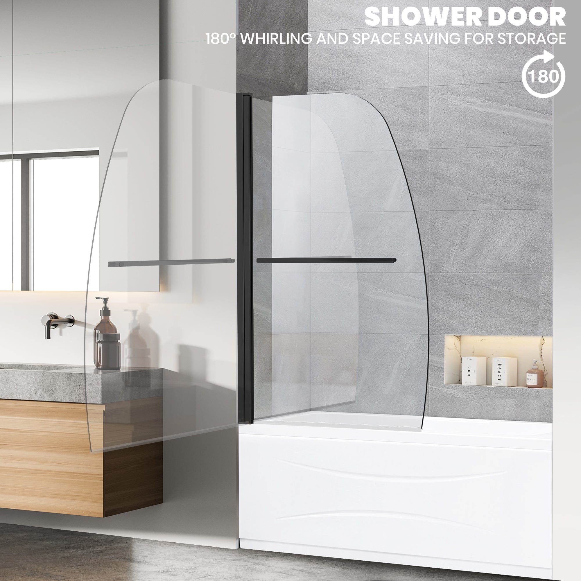 34" W x 58" H Frameless Pivot Bathtub Screen Misty X1 #Color_Matte Black