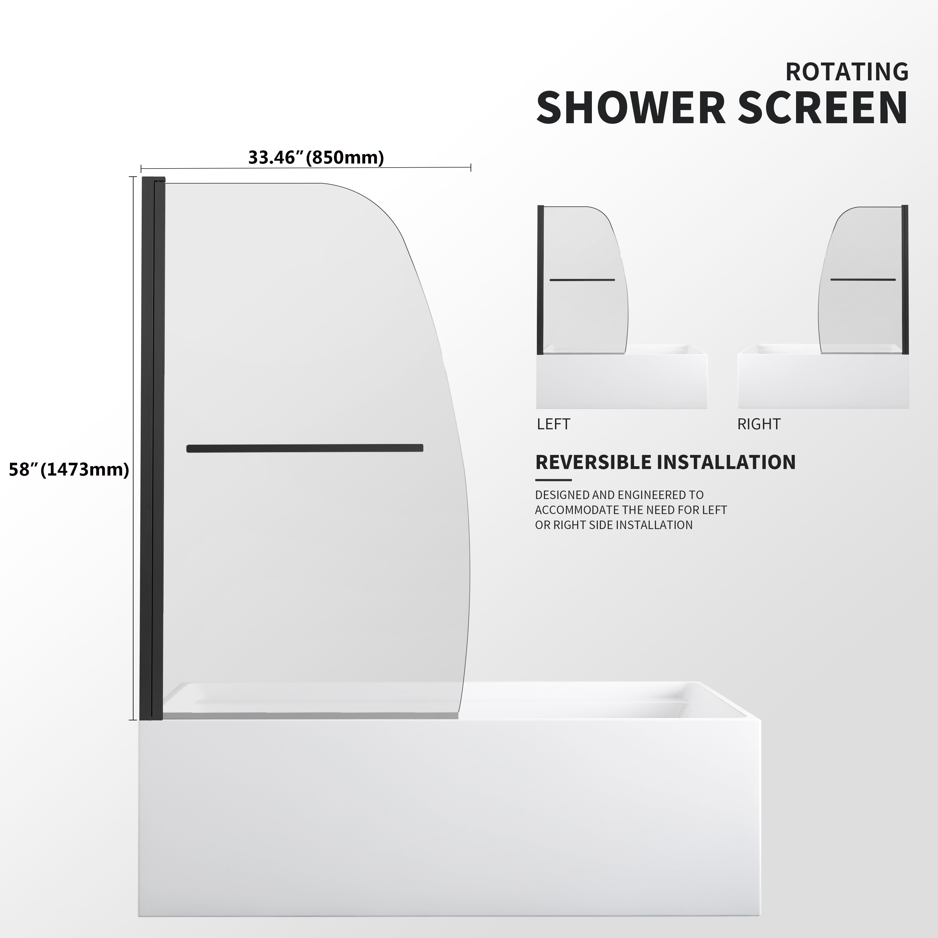 34" W x 58" H Frameless Pivot Bathtub Screen Misty X1 #Color_Matte Black